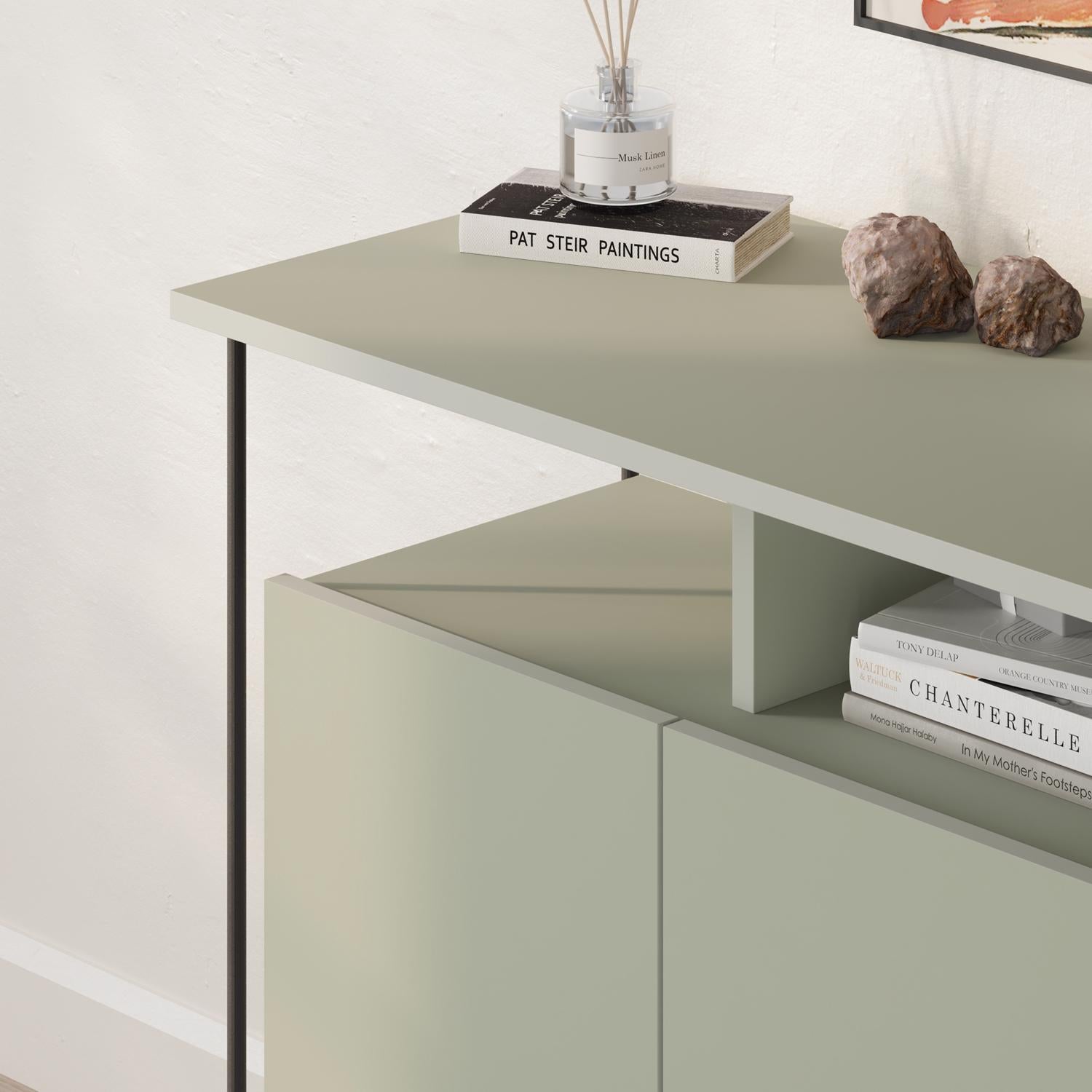 Cornea 2 Door Sideboard Buffet Unit Ash Green with Open Shelf & Black Metal Frame
