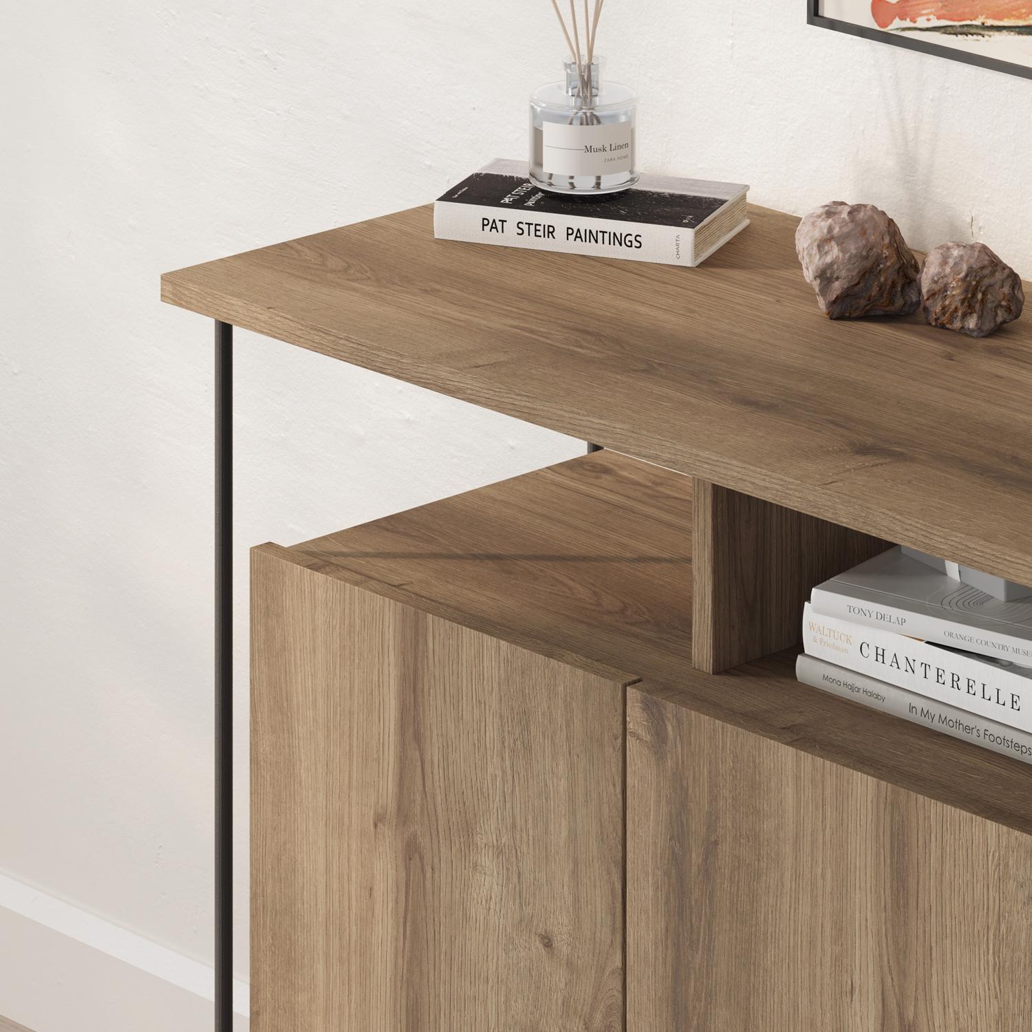 Cornea 2 Door Sideboard Buffet Unit Dark Oak with Open Shelf & Black Metal Frame
