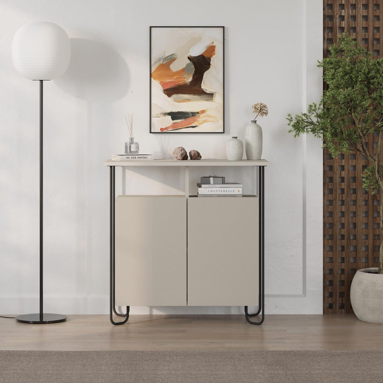 Cornea 2 Door Sideboard Buffet Unit Sandstone with Open Shelf & Black Metal Frame