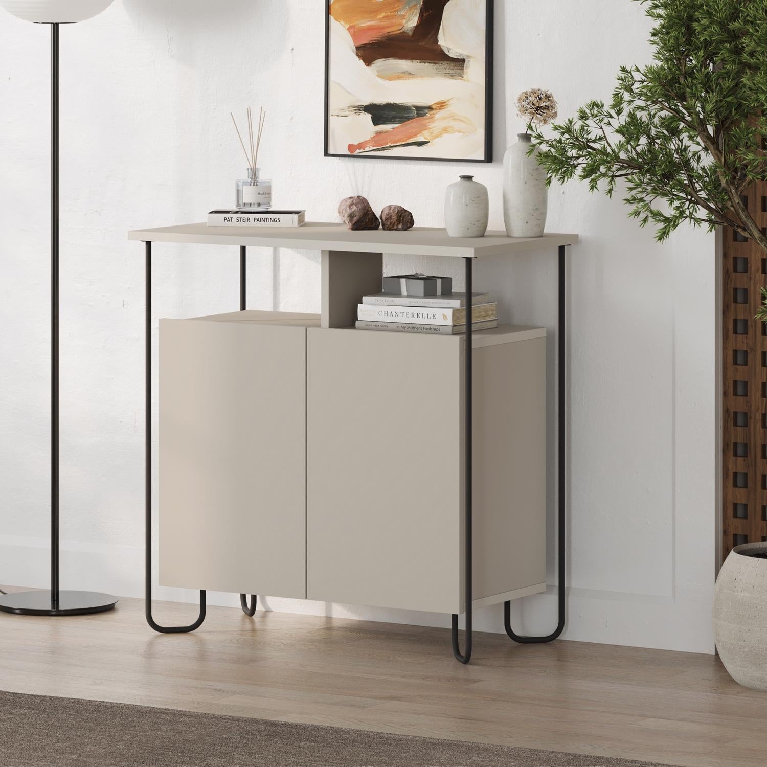 Cornea 2 Door Sideboard Buffet Unit Sandstone with Open Shelf & Black Metal Frame