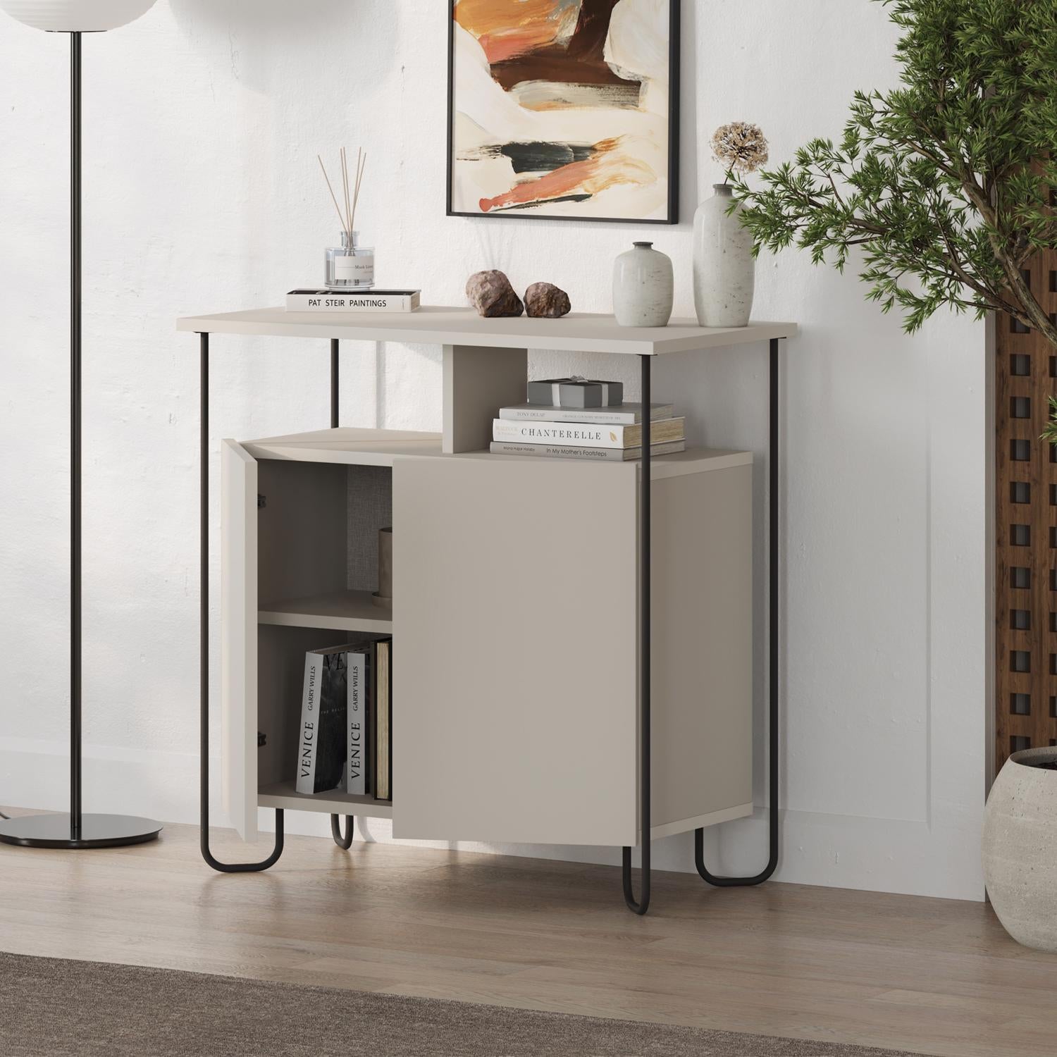 Cornea 2 Door Sideboard Buffet Unit Sandstone with Open Shelf & Black Metal Frame