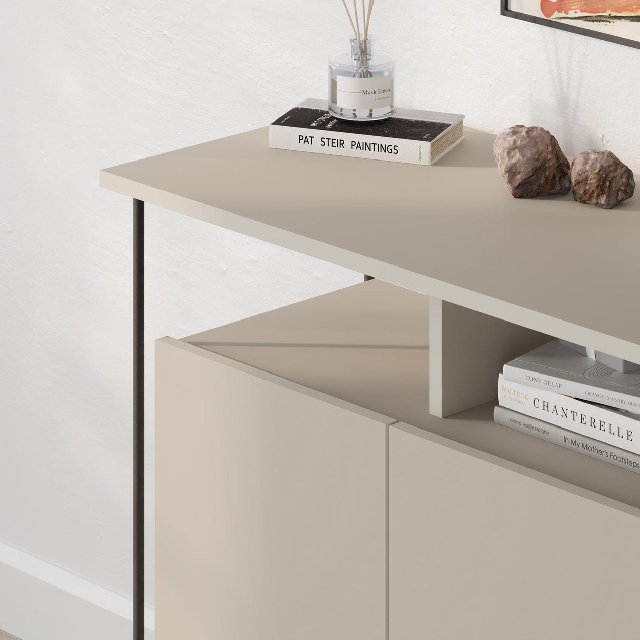 Cornea 2 Door Sideboard Buffet Unit Sandstone with Open Shelf & Black Metal Frame