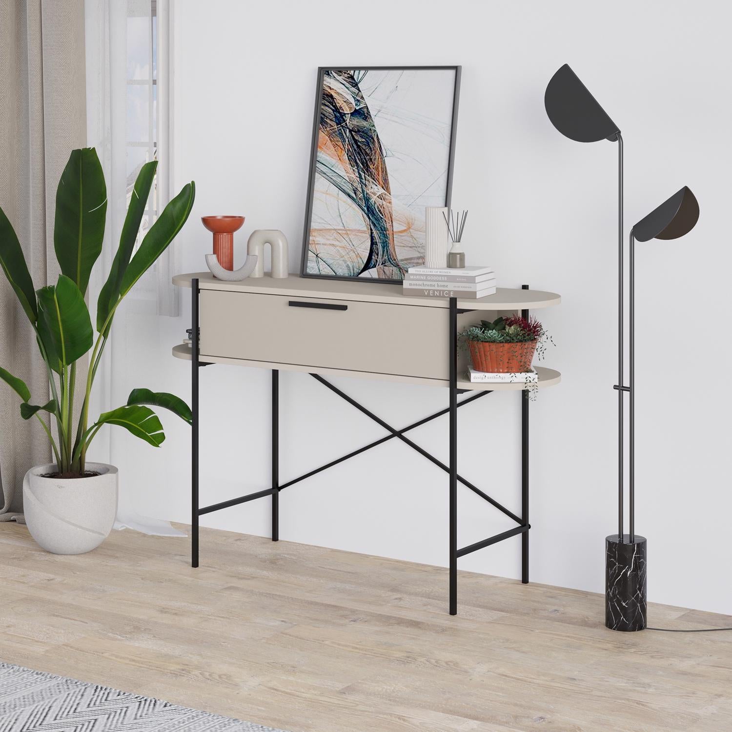 Otis 1 Drawer 2 Shelf Console Table - Matt Sandstone with Black Metal Frame