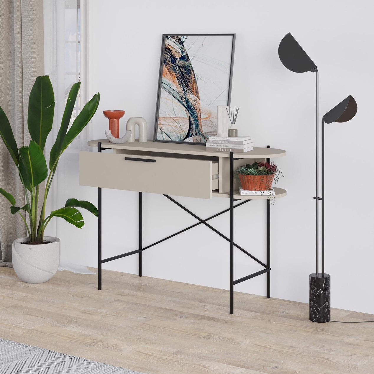Otis 1 Drawer 2 Shelf Console Table - Matt Sandstone with Black Metal Frame