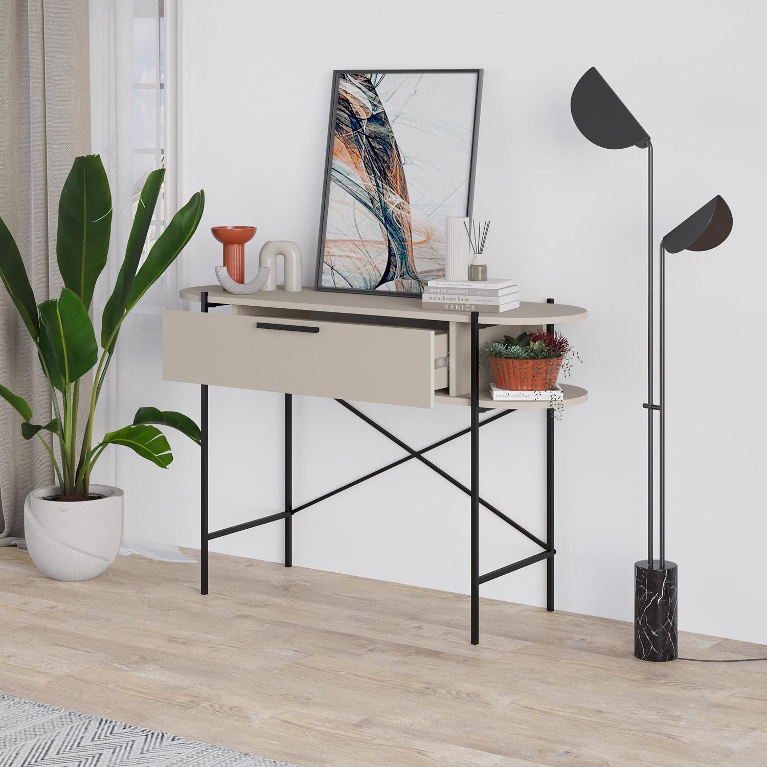Otis 1 Drawer 2 Shelf Console Table - Matt Sandstone with Black Metal Frame