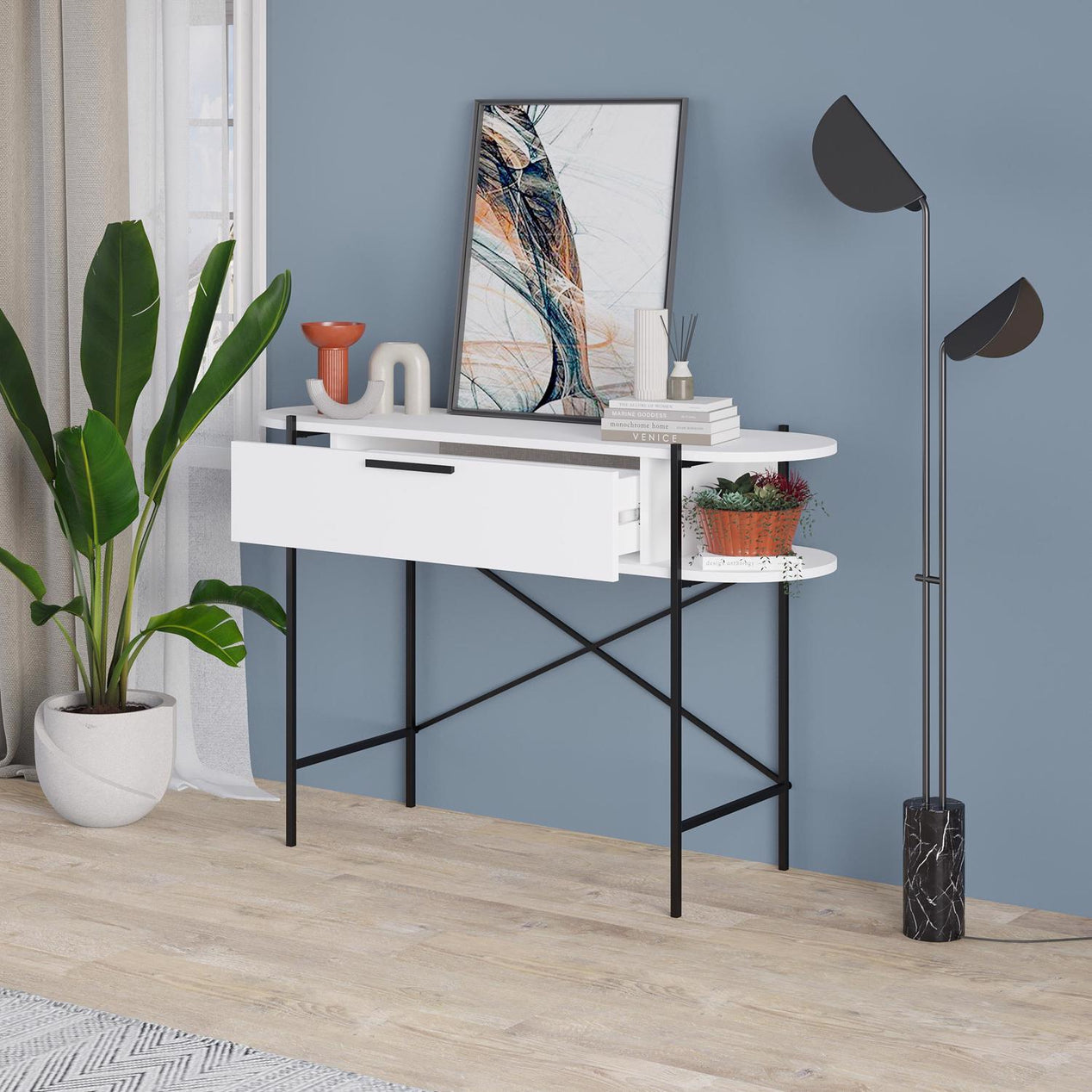 Otis 1 Drawer 2 Shelf Console Table - Matt White with Black Metal Frame