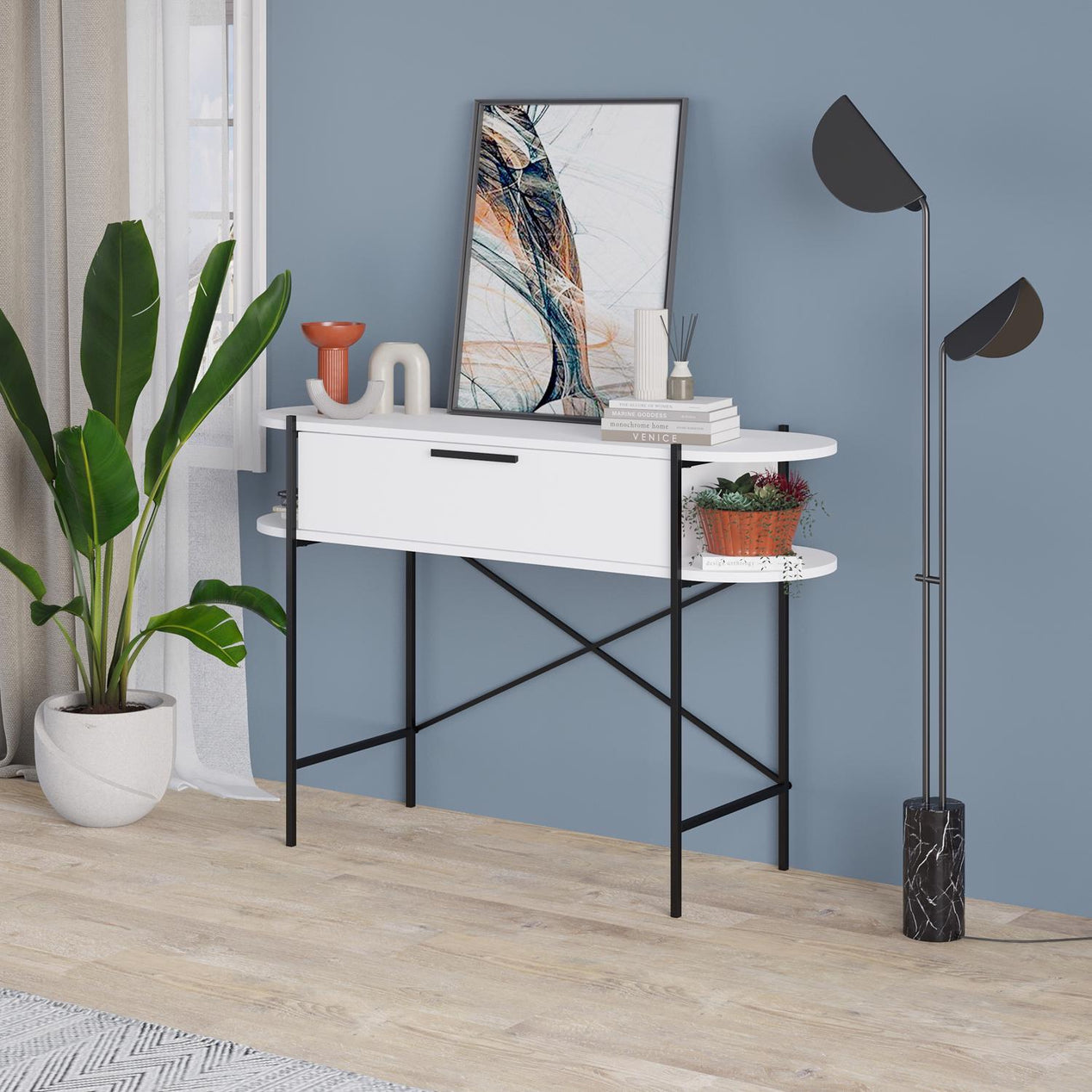 Otis 1 Drawer 2 Shelf Console Table - Matt White with Black Metal Frame