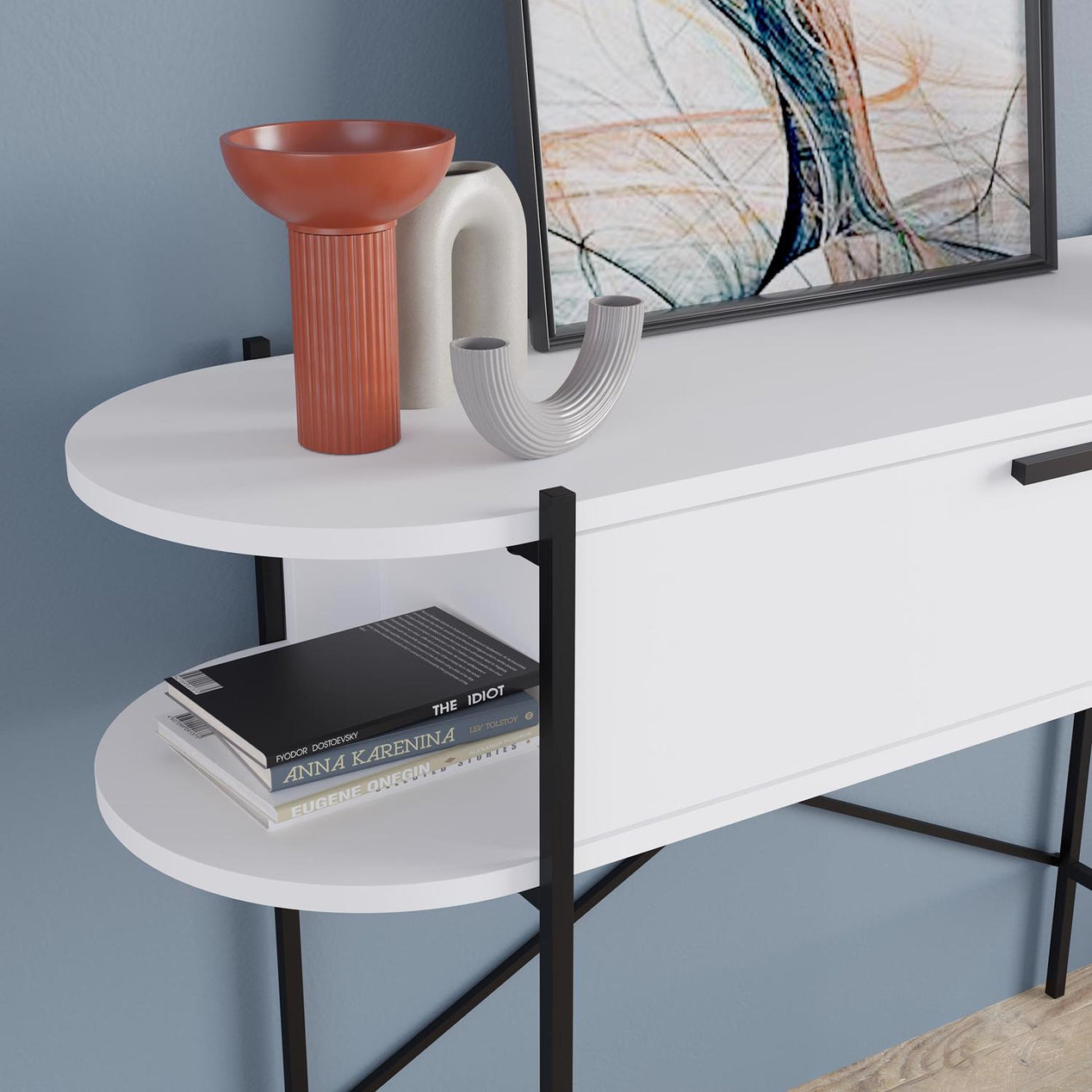 Otis 1 Drawer 2 Shelf Console Table - Matt White with Black Metal Frame