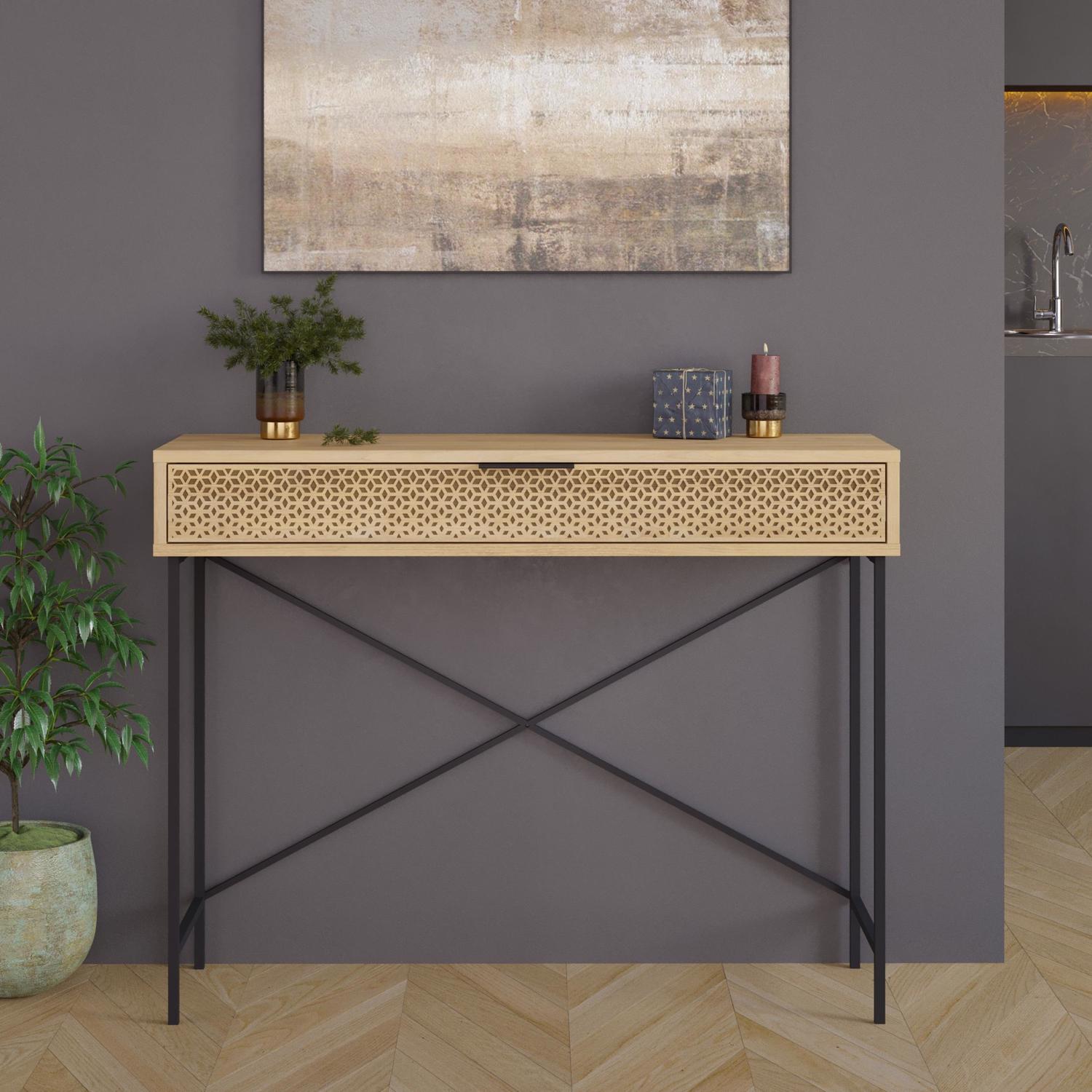 Naive 1 Drawer Console Table Sapphire Oak with Black Metal Frame