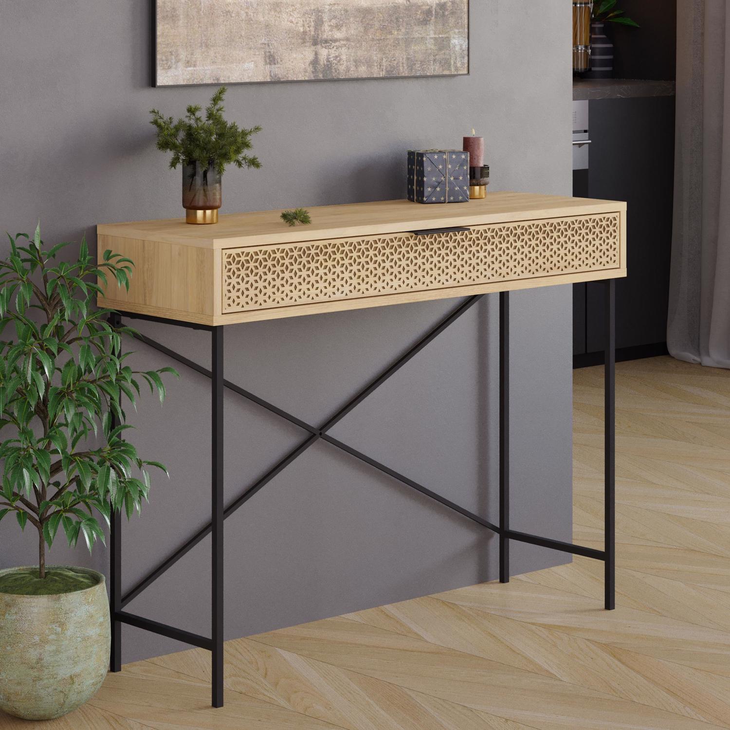 Naive 1 Drawer Console Table Sapphire Oak with Black Metal Frame