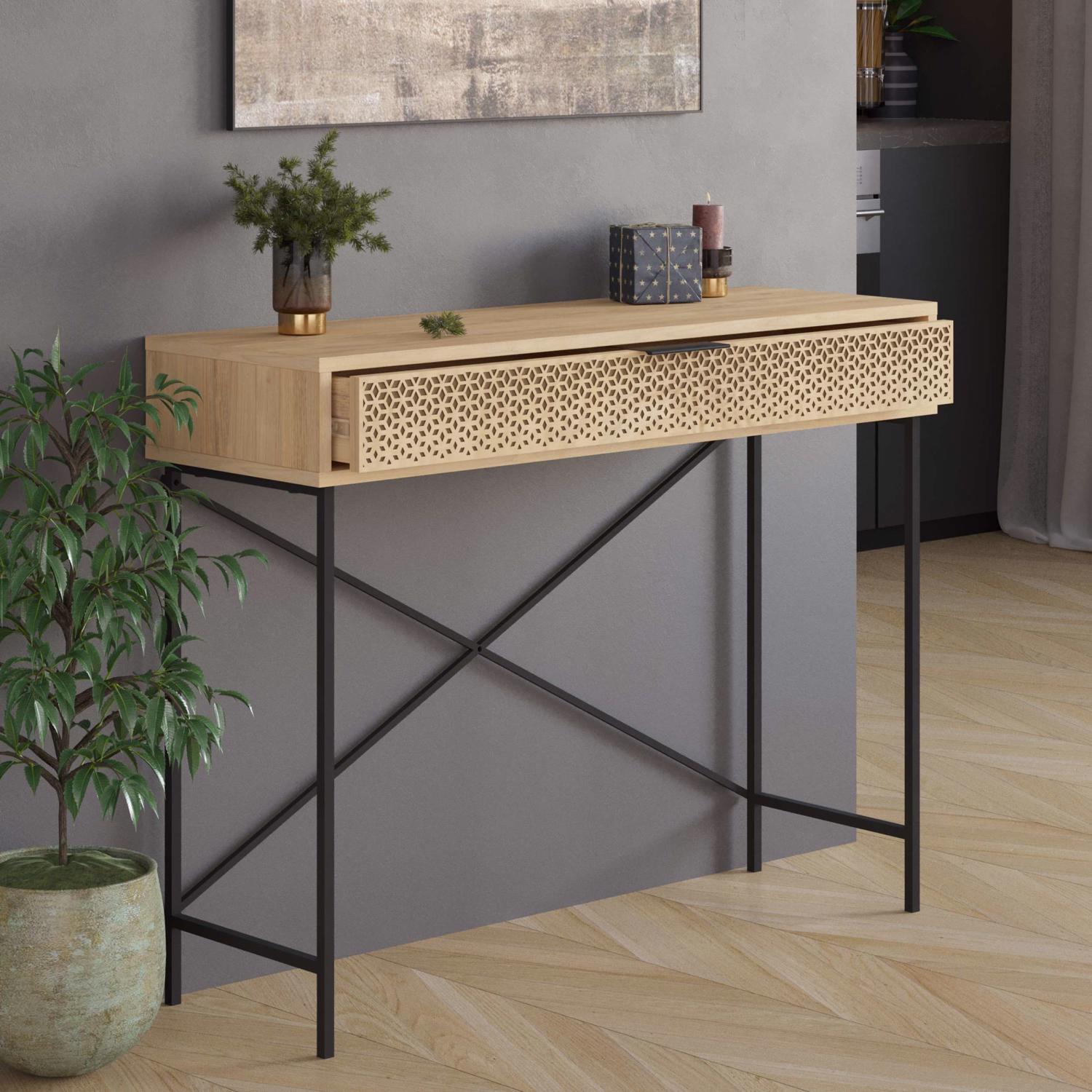 Naive 1 Drawer Console Table Sapphire Oak with Black Metal Frame
