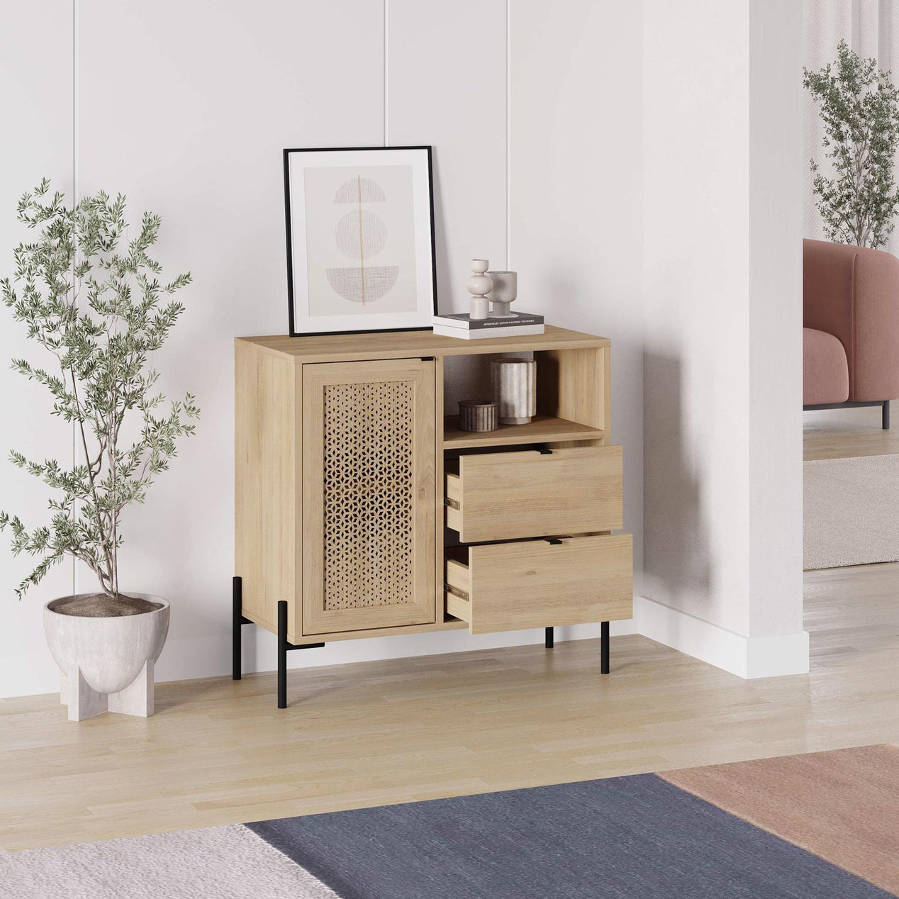 Naïve 1 Door 2 Drawer Sideboard Buffet Storage Unit with Open Shelf - Oak