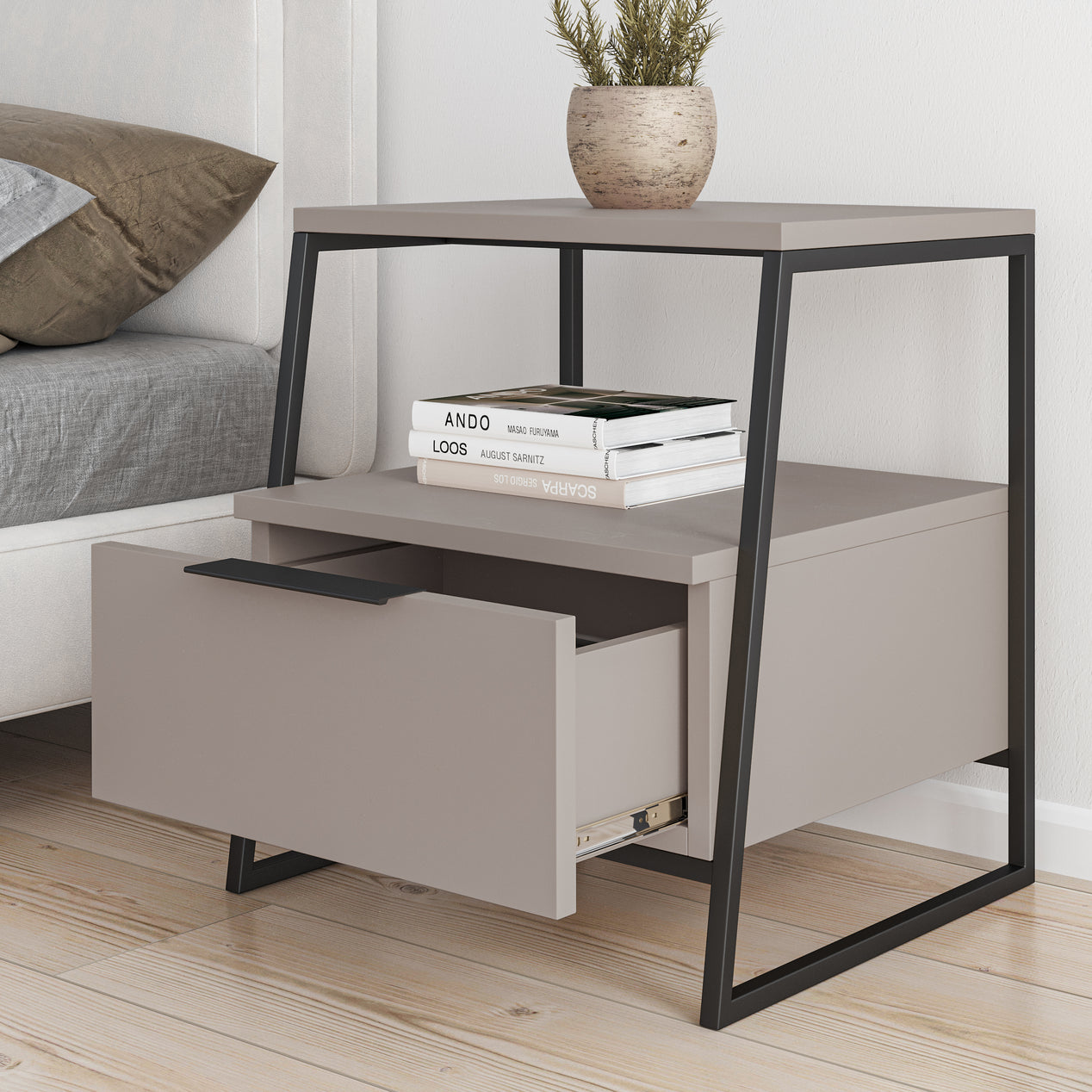Pal Modern Bedside Table With Drawer Mocha Grey 45cm Wide
