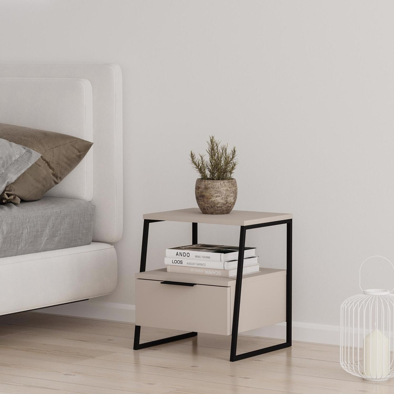 Pal Modern Bedside Table With Drawer Sandstone 45cm Wide
