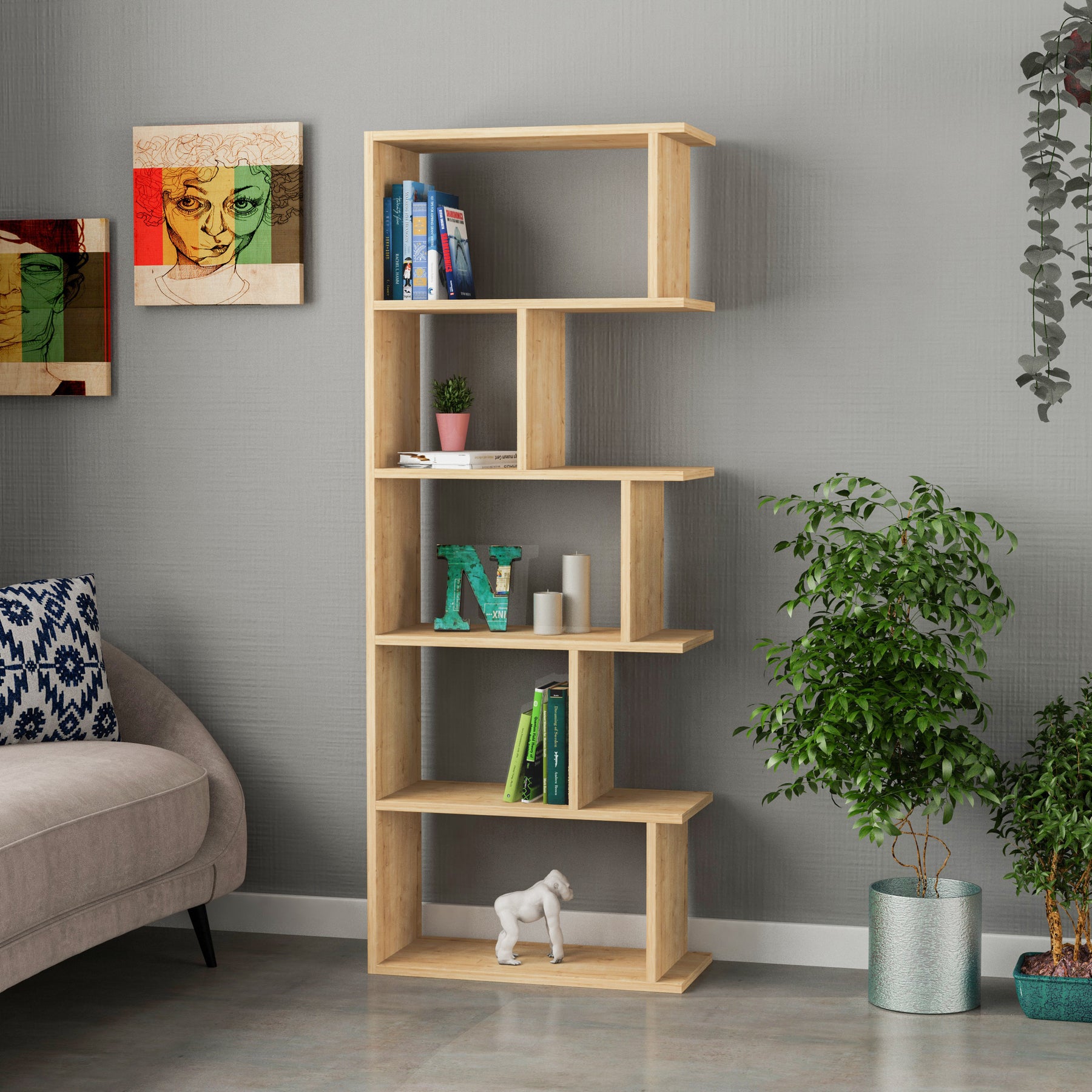 Tapi Modern Bookcase Display Unit Natural Oak Effect Tall 159cm