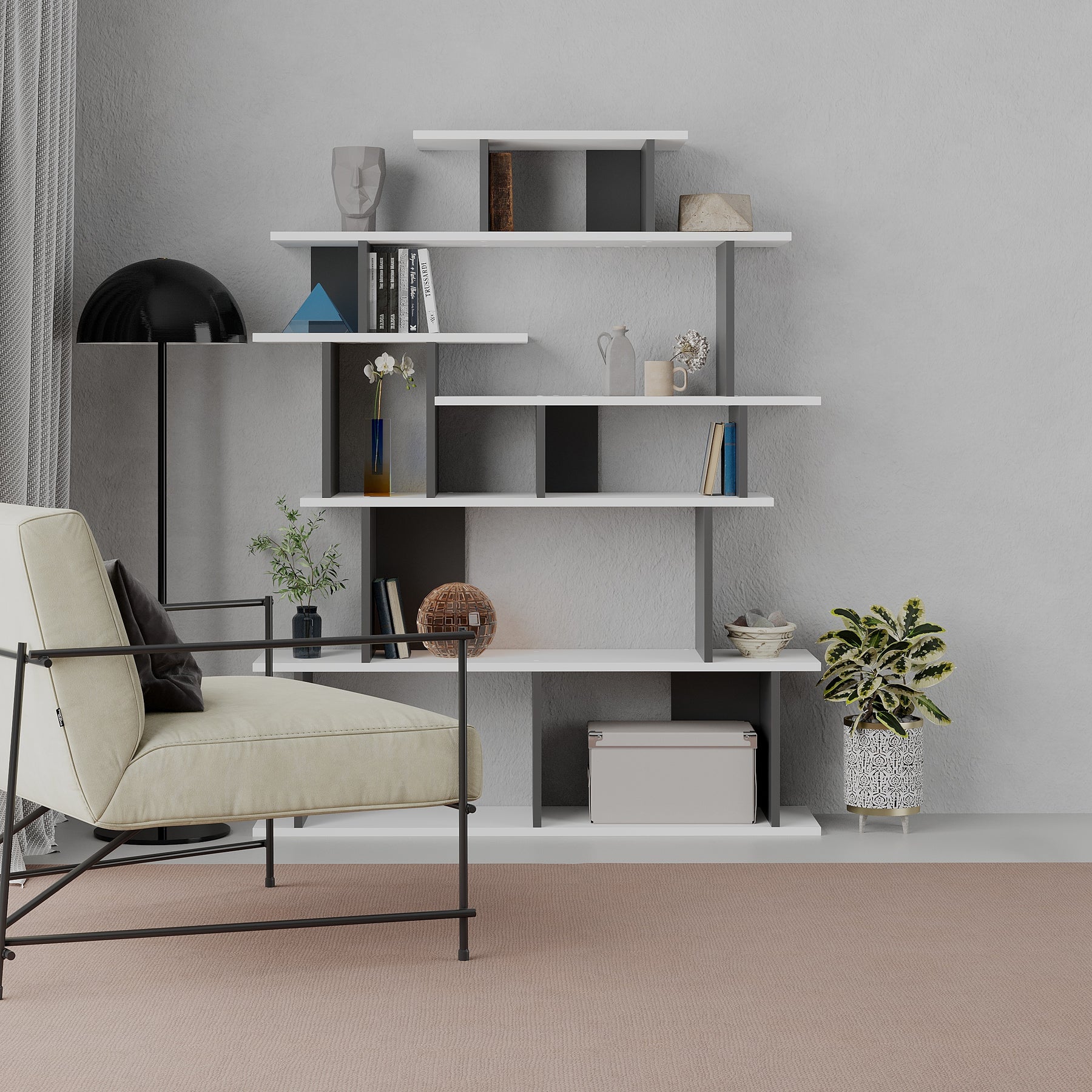 Apollon Modern Bookcase Display Unit White Anthracite Grey Medium 149cm