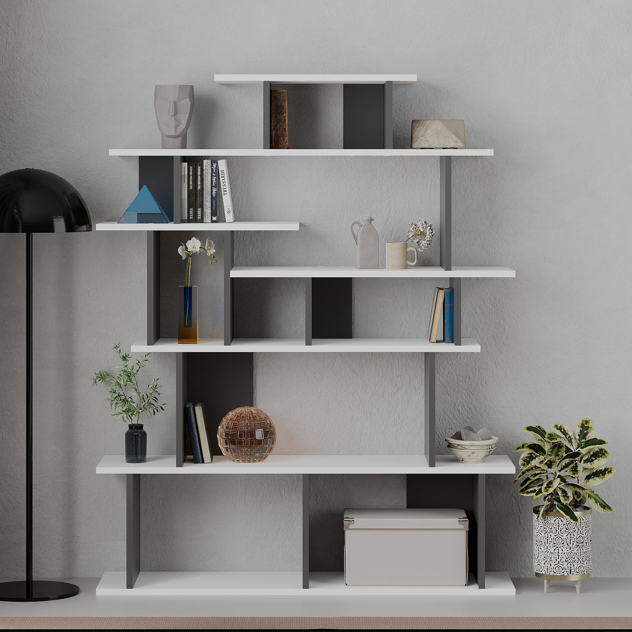 Apollon Modern Bookcase Display Unit White Anthracite Grey Medium 149cm
