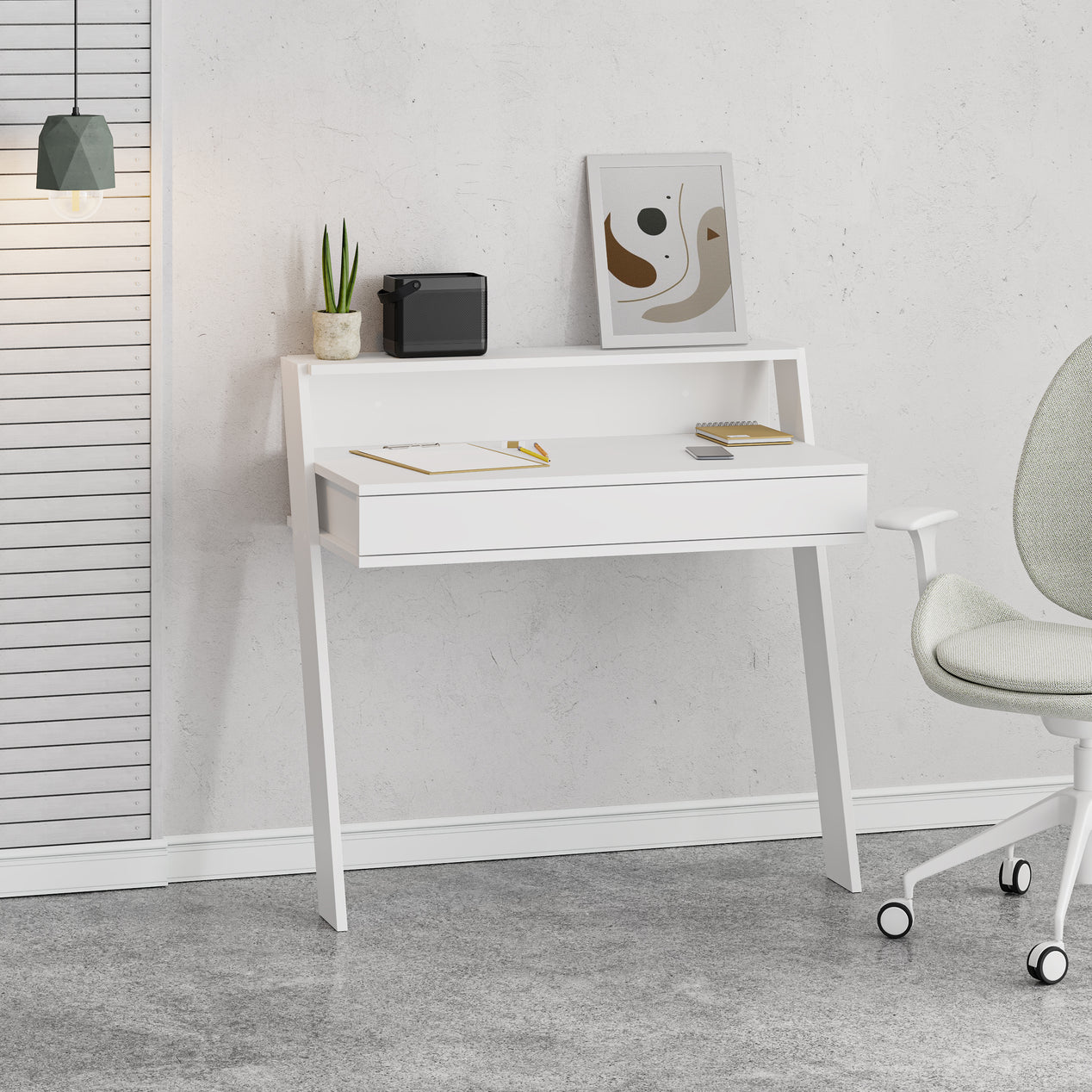 Cowork Modern Desk White Wall Mounted With Drawer 94cm Wide