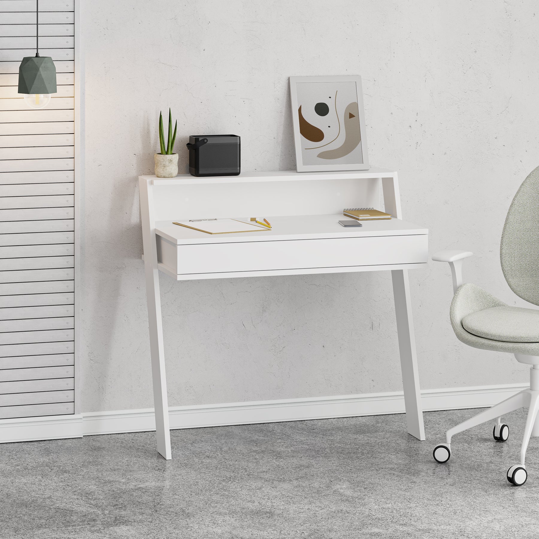 Cowork Modern Desk White Wall Mounted With Drawer 94cm Wide