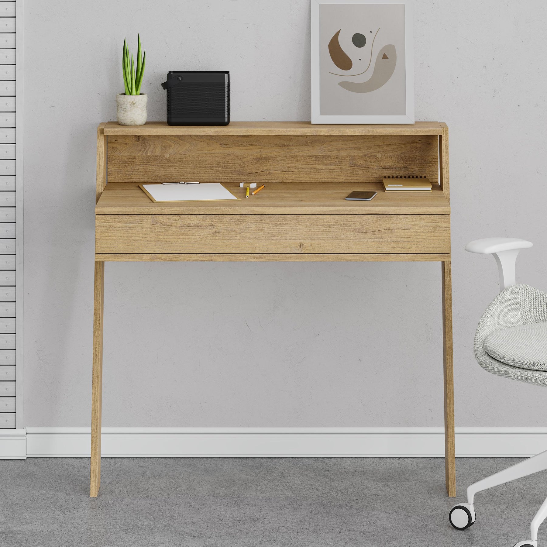 Cowork Modern Desk Oak Wall Mounted With Drawer 94cm Wide