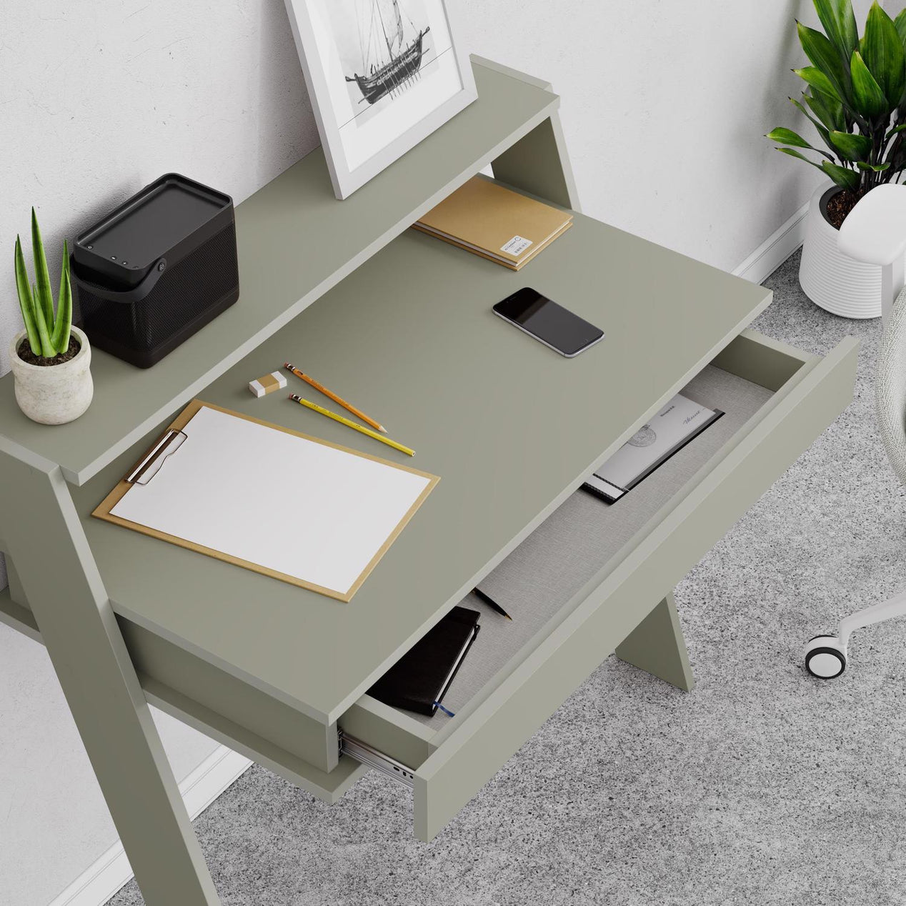 Cowork Modern Desk Ash Green Wall Mounted With Drawer 94cm Wide