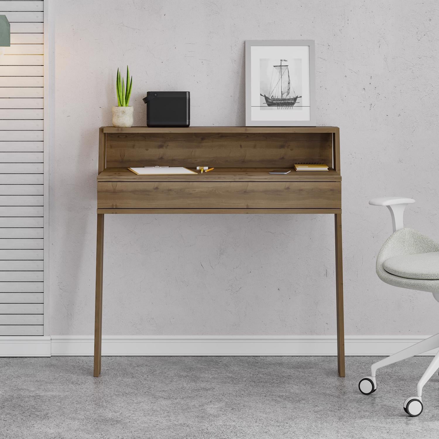 Cowork Modern Desk Dark Oak Wall Mounted With Drawer 94cm Wide