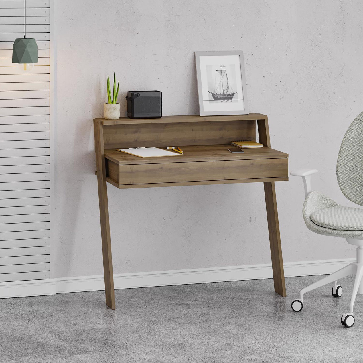Cowork Modern Desk Dark Oak Wall Mounted With Drawer 94cm Wide