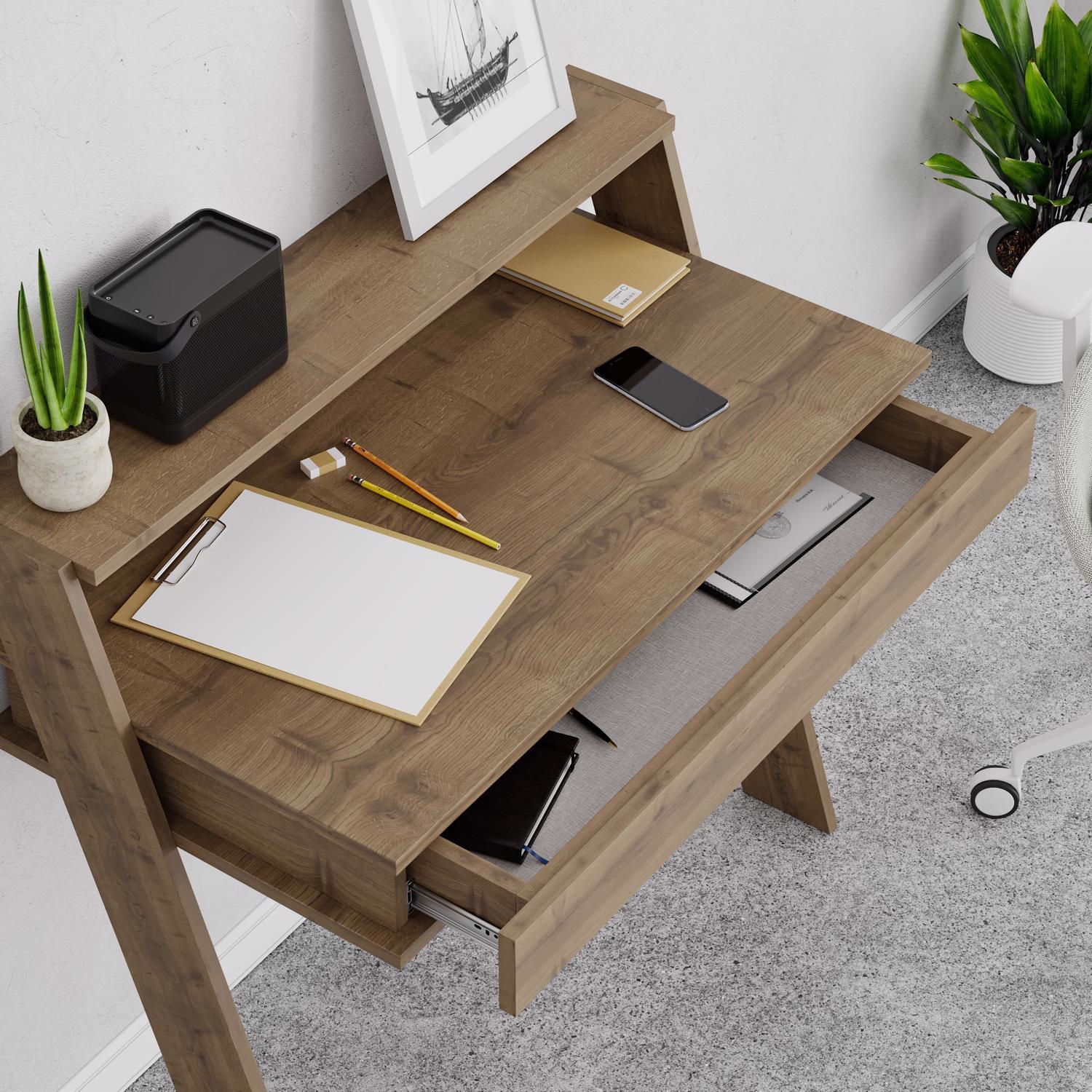 Cowork Modern Desk Dark Oak Wall Mounted With Drawer 94cm Wide