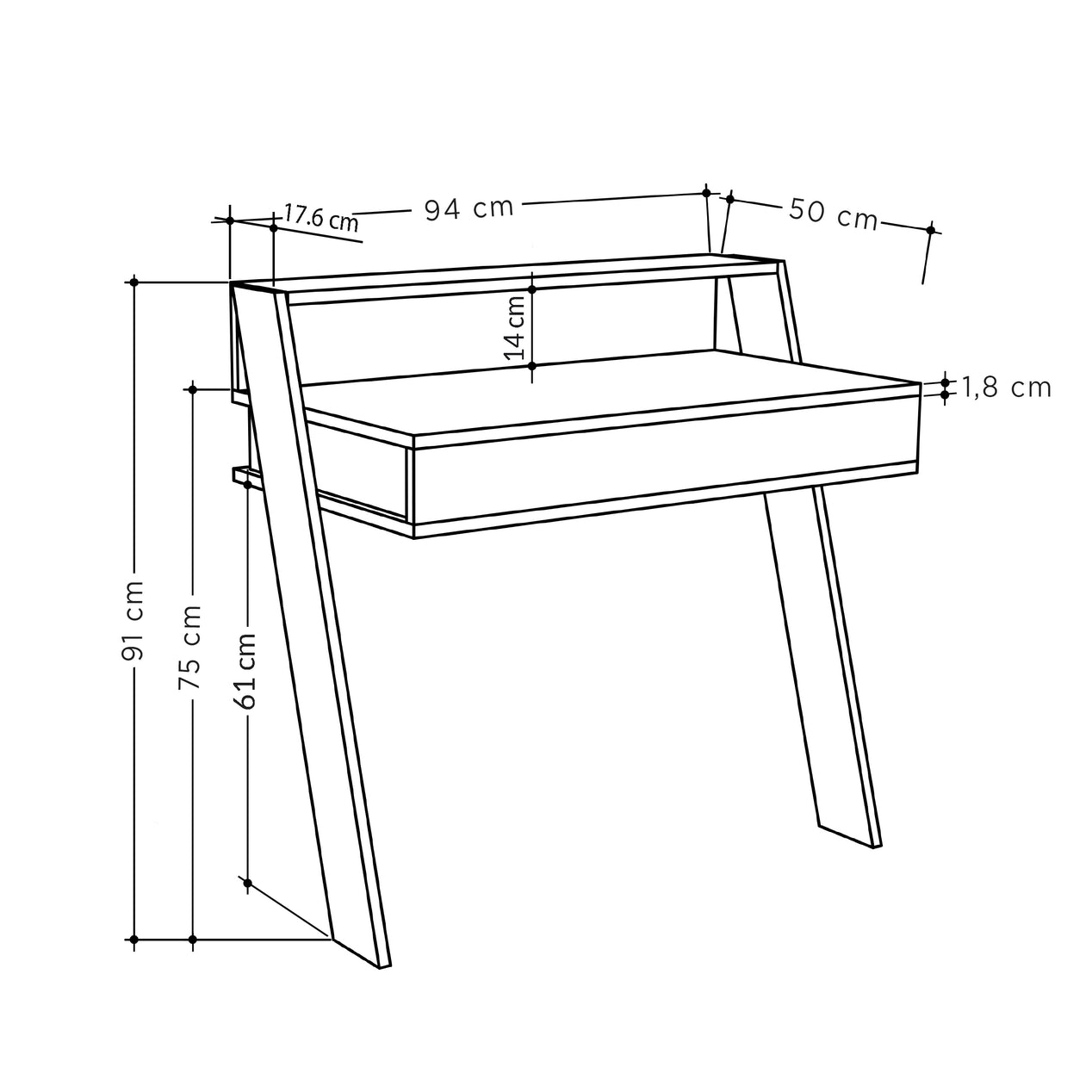 Cowork Modern Desk White Wall Mounted With Drawer 94cm Wide