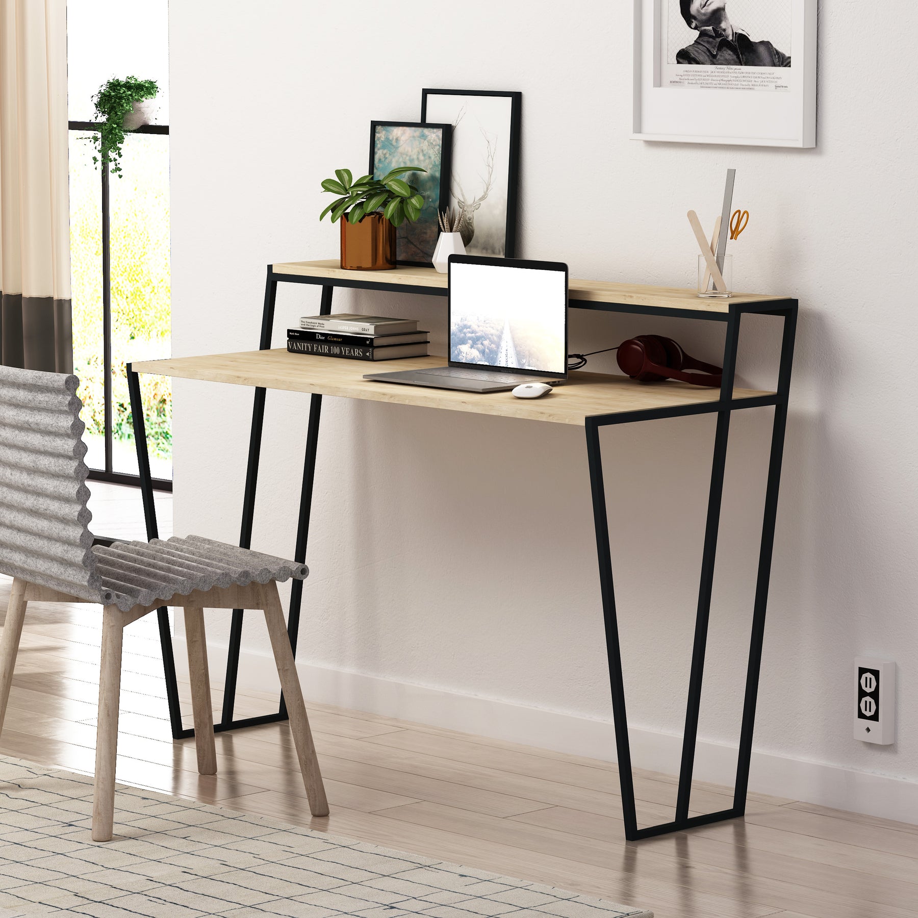 Pal Modern Study Desk Oak With Monitor Stand 124cm Wide