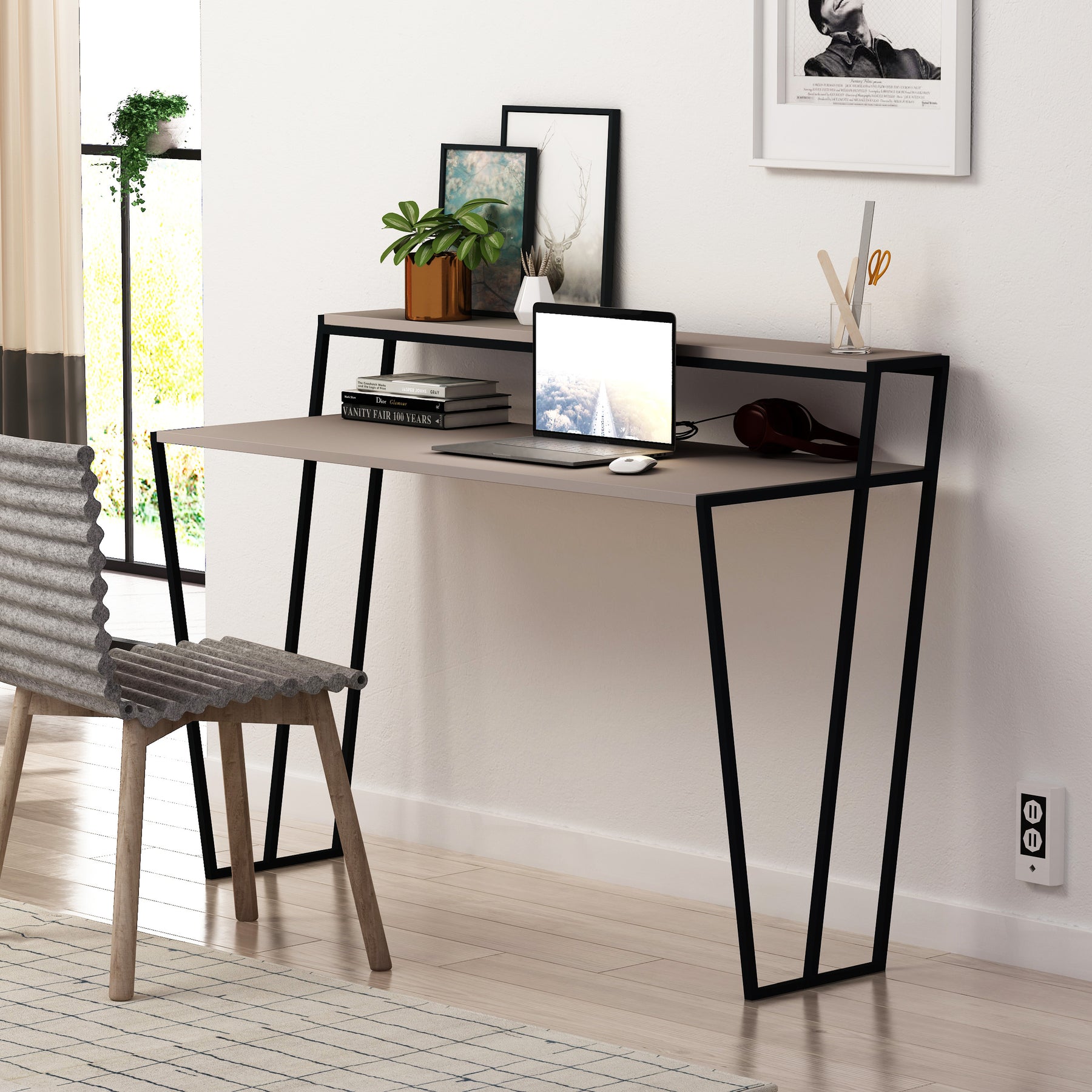 Pal Modern Study Desk Mocha Grey With Monitor Stand 124cm Wide