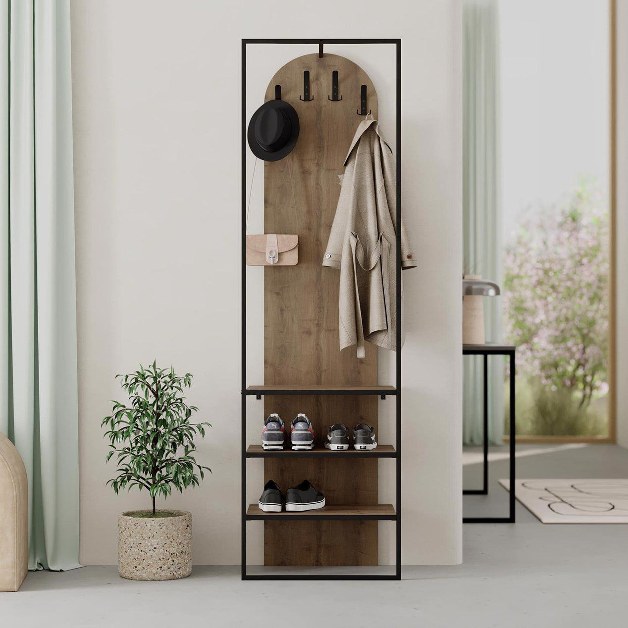 Modern Archy Hall Stand Coat Rack with Shoe Storage 180cm High Dark Oak