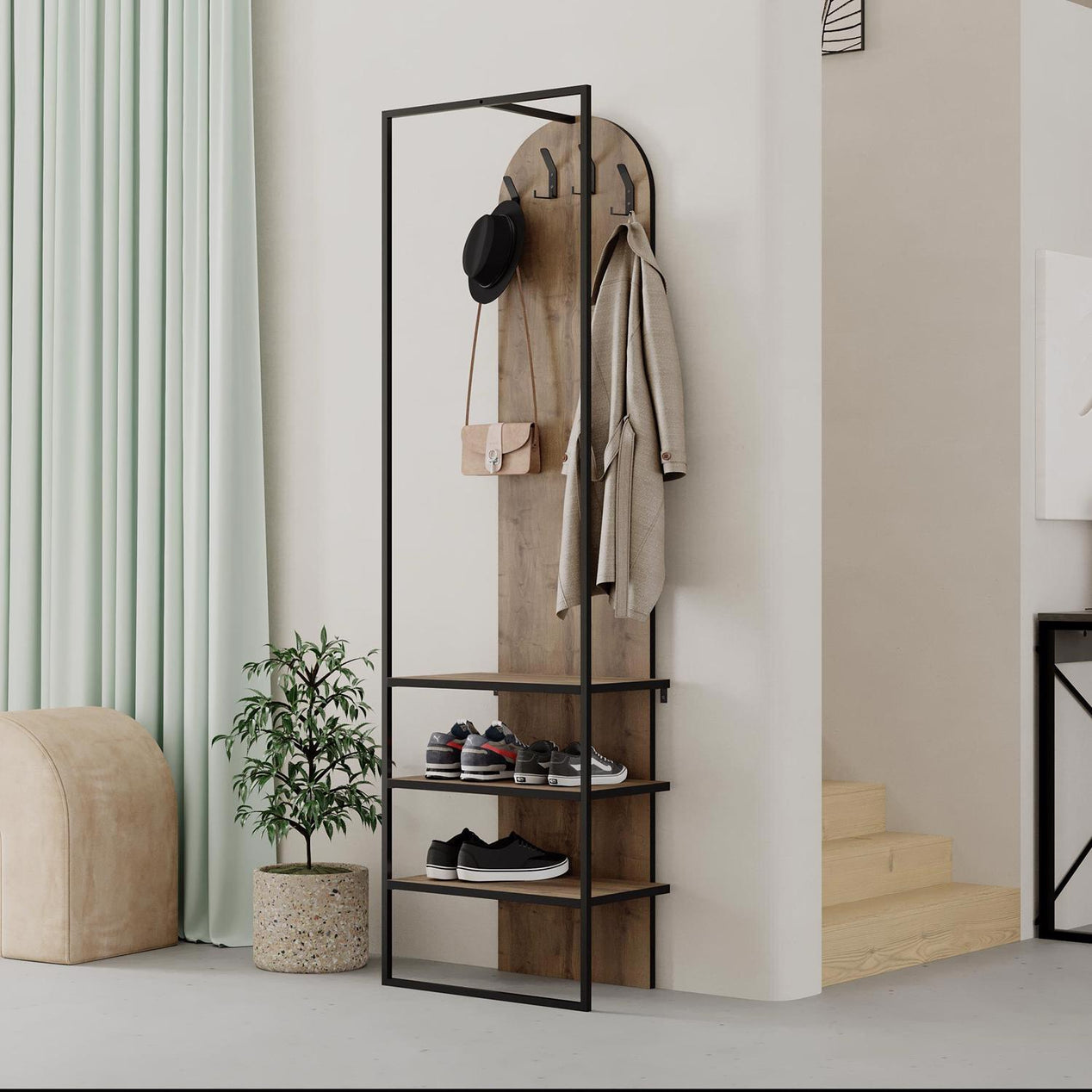 Modern Archy Hall Stand Coat Rack with Shoe Storage 180cm High Dark Oak