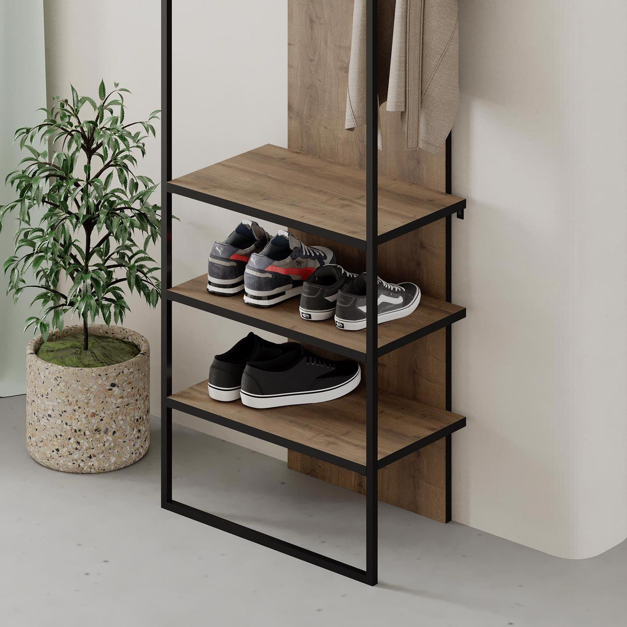 Modern Archy Hall Stand Coat Rack with Shoe Storage 180cm High Dark Oak