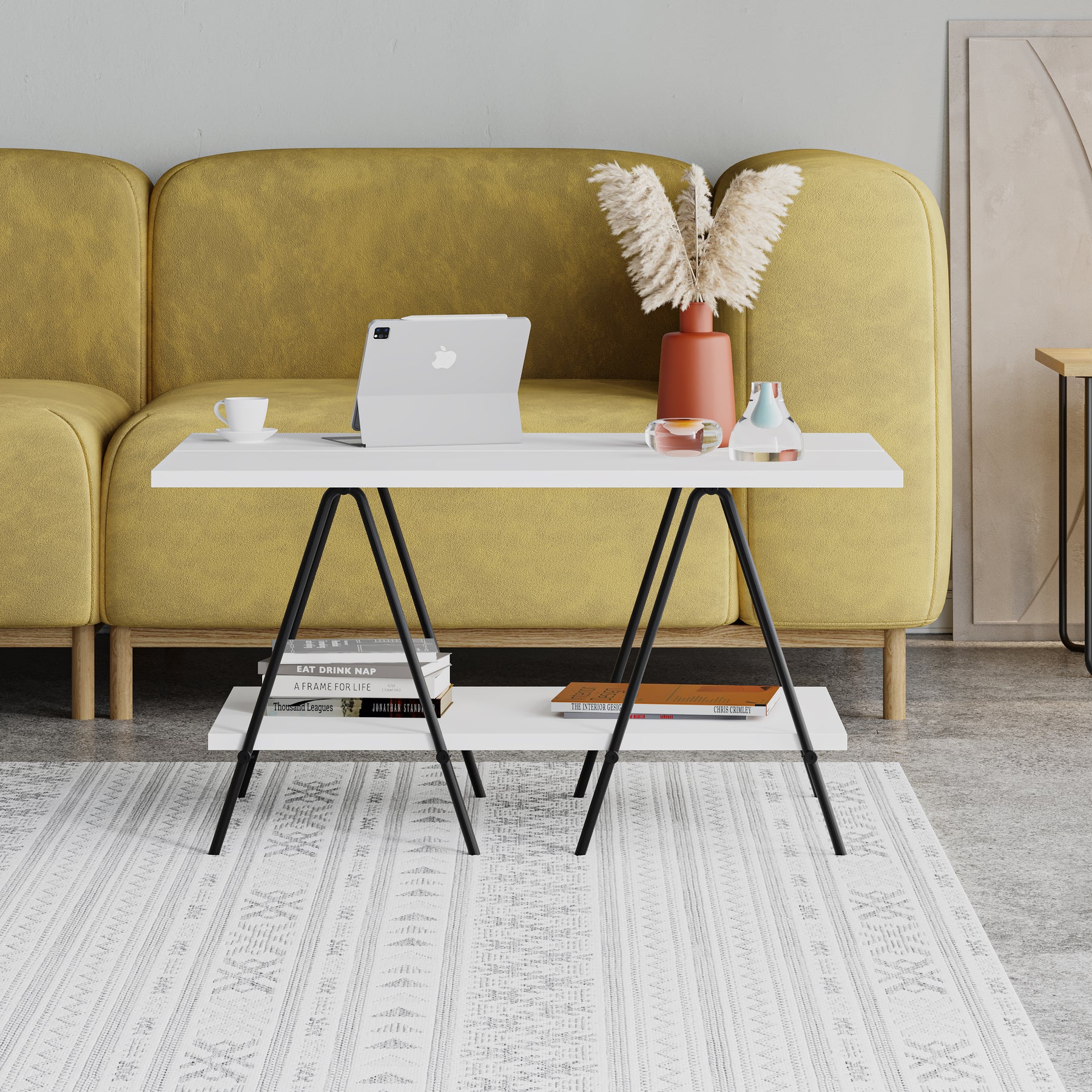 Essel Centre Coffee Table White Metal Trestle Legs 80cm