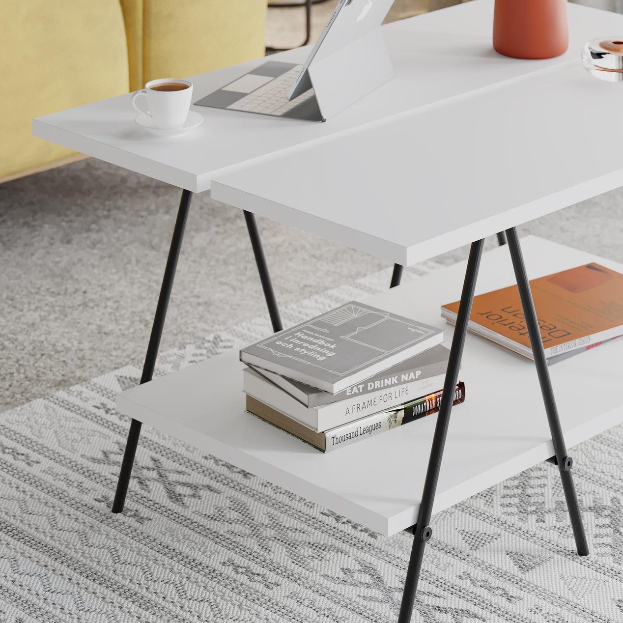 Essel Centre Coffee Table White Metal Trestle Legs 80cm