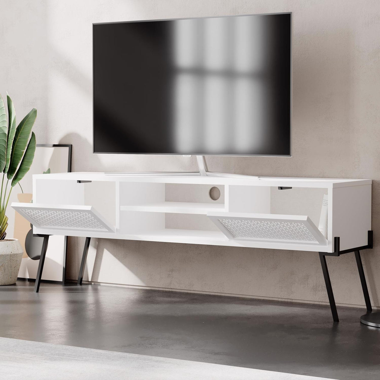 Naive 2 Door TV Unit Stand - White with Black Metal Legs