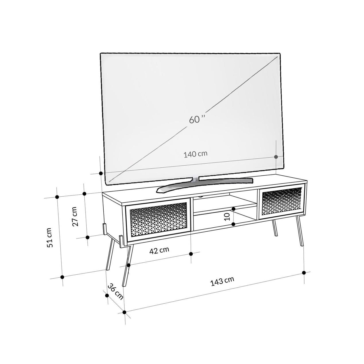 Naive 2 Door TV Unit Stand - White with Black Metal Legs