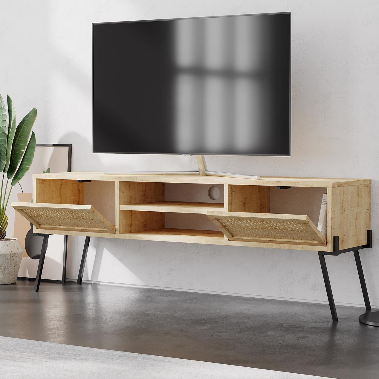 Naive 2 Door TV Unit Stand - Sapphire Oak with Black Metal Legs