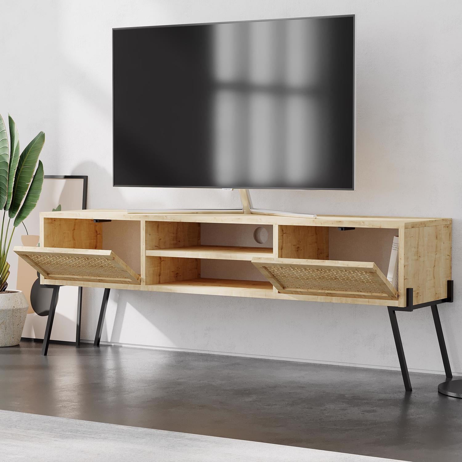 Naive 2 Door TV Unit Stand - Sapphire Oak with Black Metal Legs