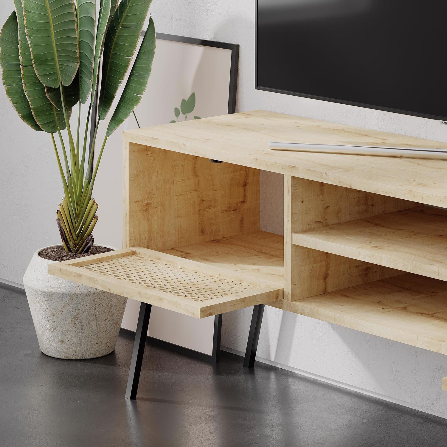 Naive 2 Door TV Unit Stand - Sapphire Oak with Black Metal Legs