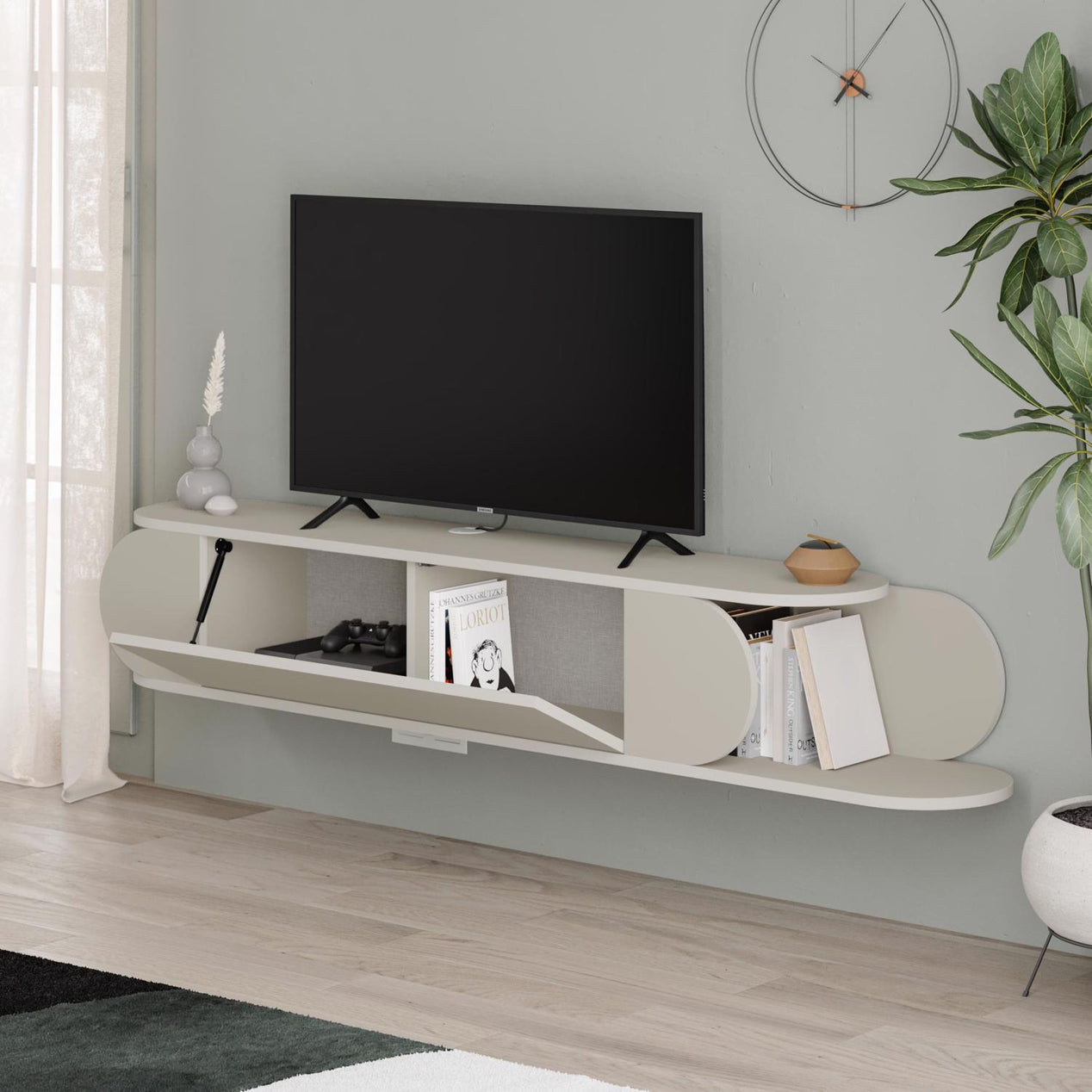 Tone Modern Wall Mounted TV Unit Stand Sandstone with Storage