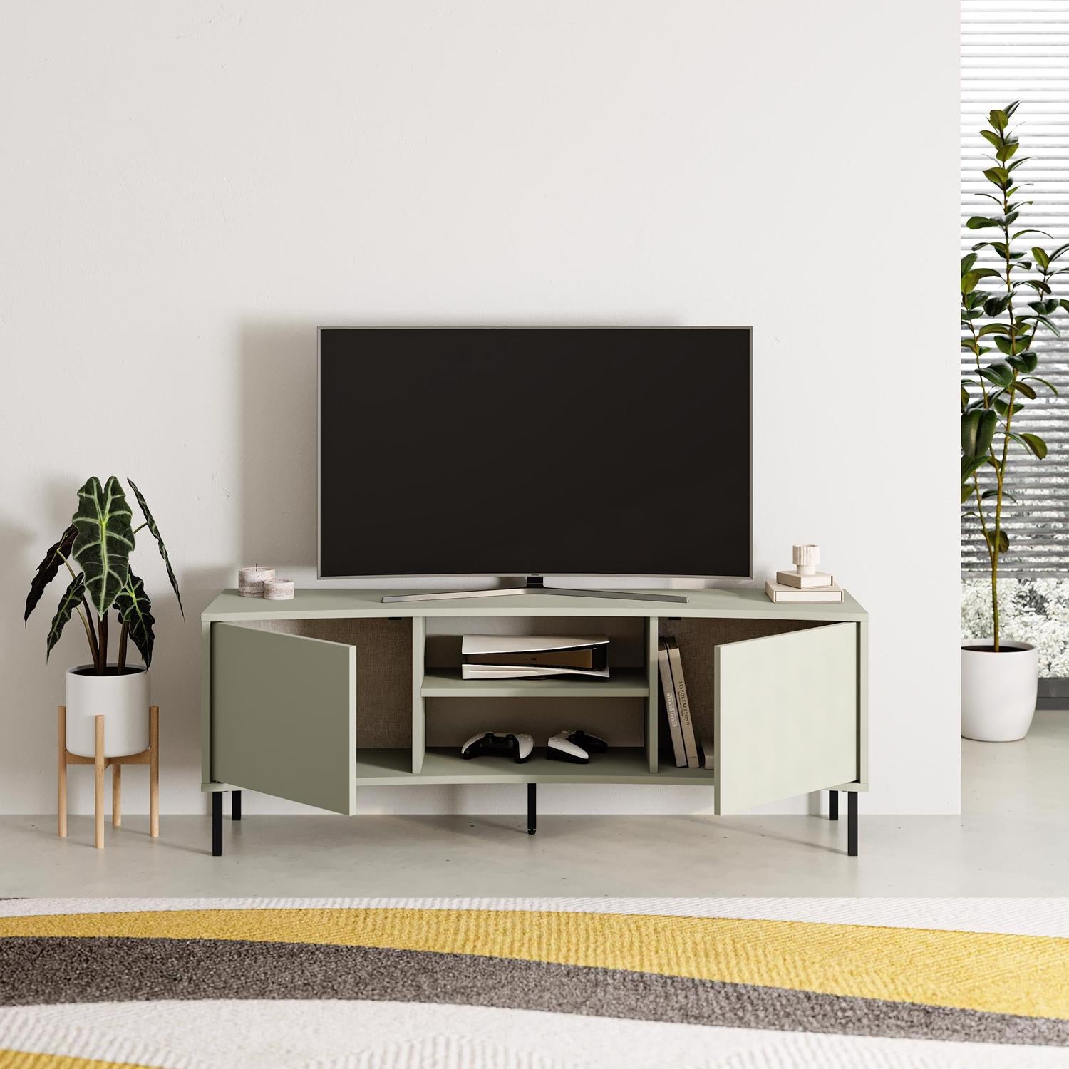Frem Modern Curved TV Stand 2 Door Unit Ash Green