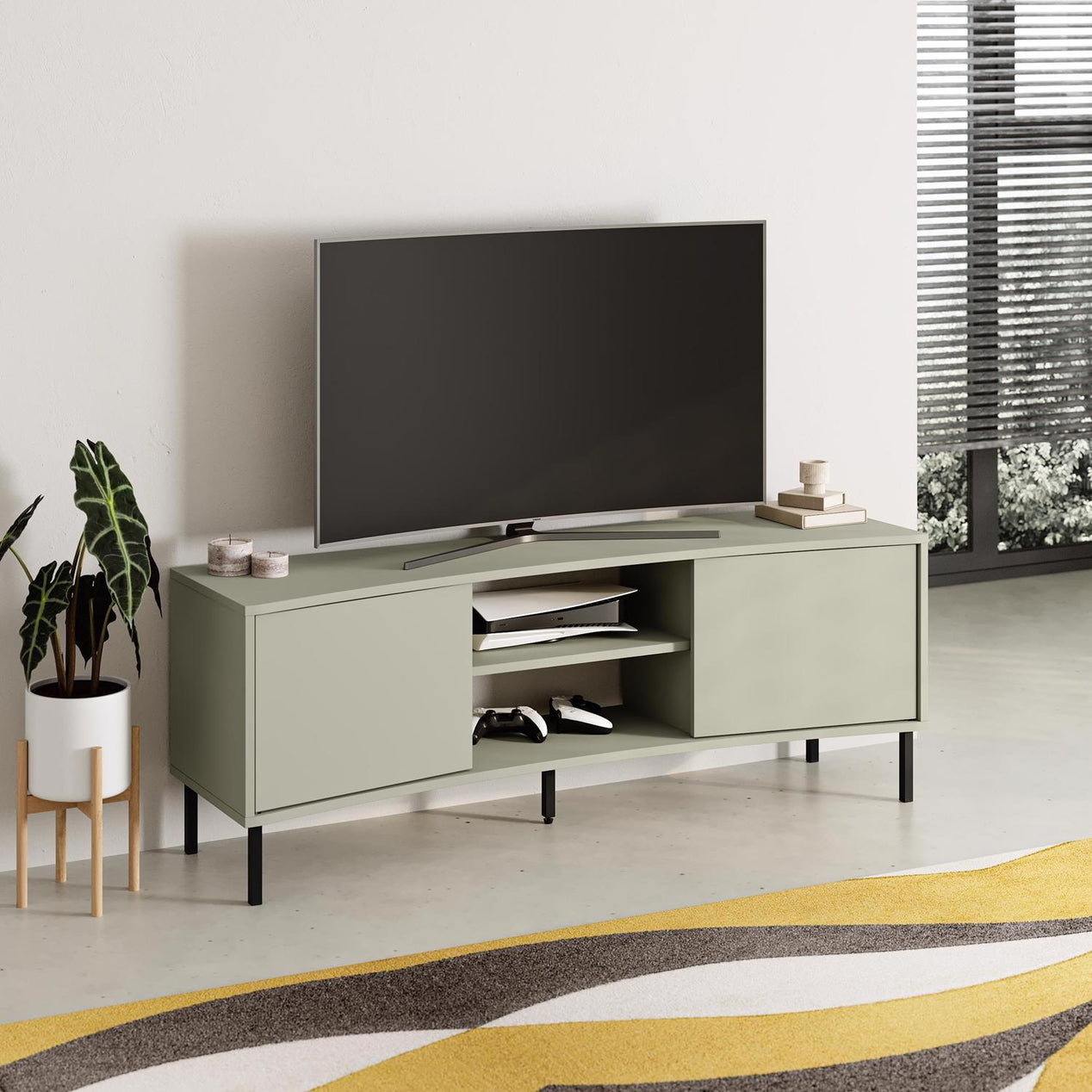 Frem Modern Curved TV Stand 2 Door Unit Ash Green