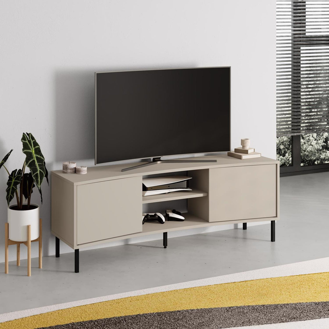 Frem Modern Curved TV Stand 2 Door Unit Sandstone
