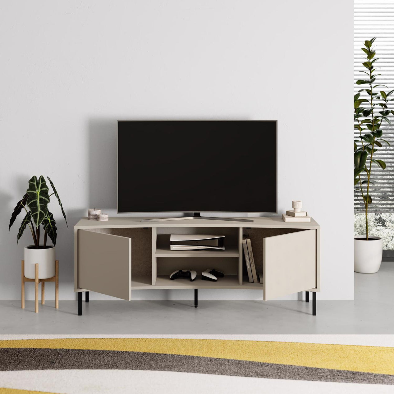 Frem Modern Curved TV Stand 2 Door Unit Sandstone