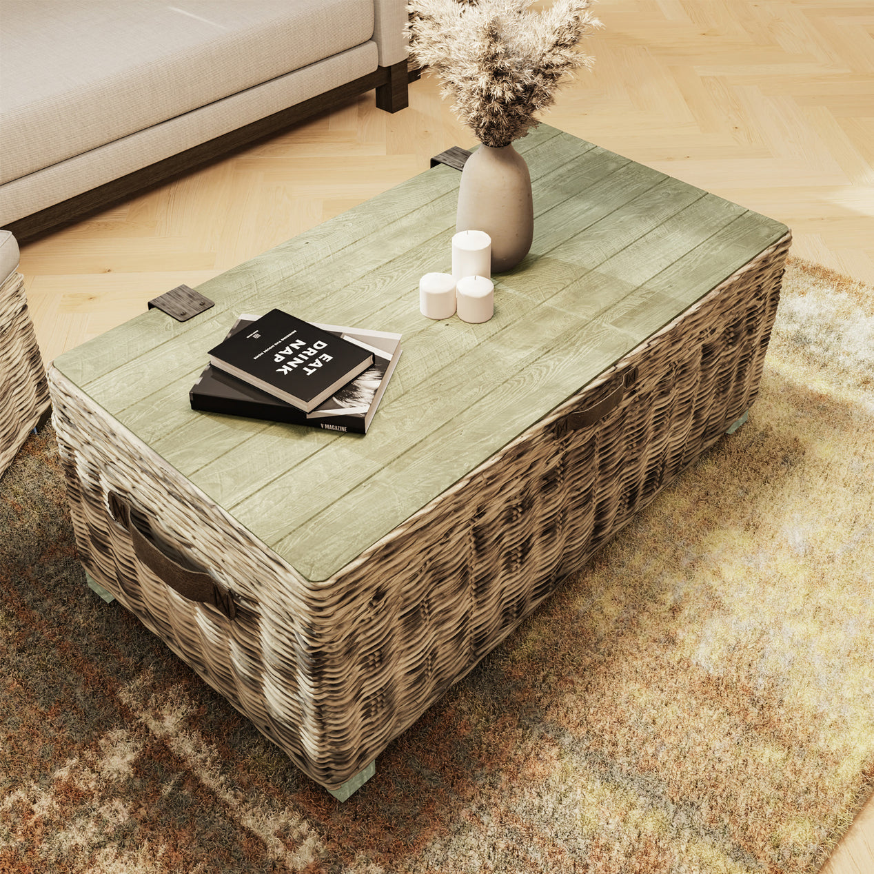 Maya Handmade Kubu Rattan Storage Coffee Table Limewash