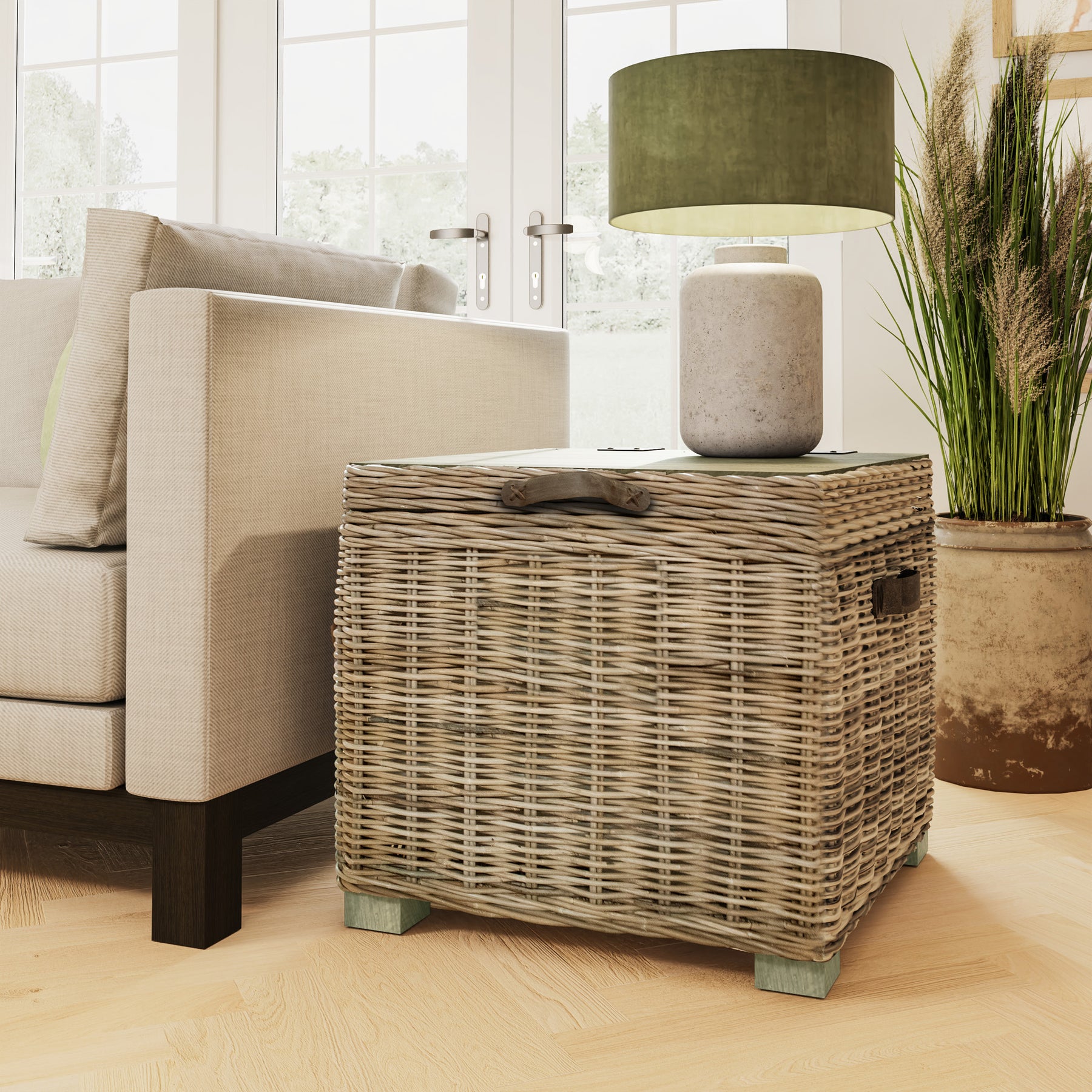 Maya Handmade Kubu Rattan Storage Side Table Limewash