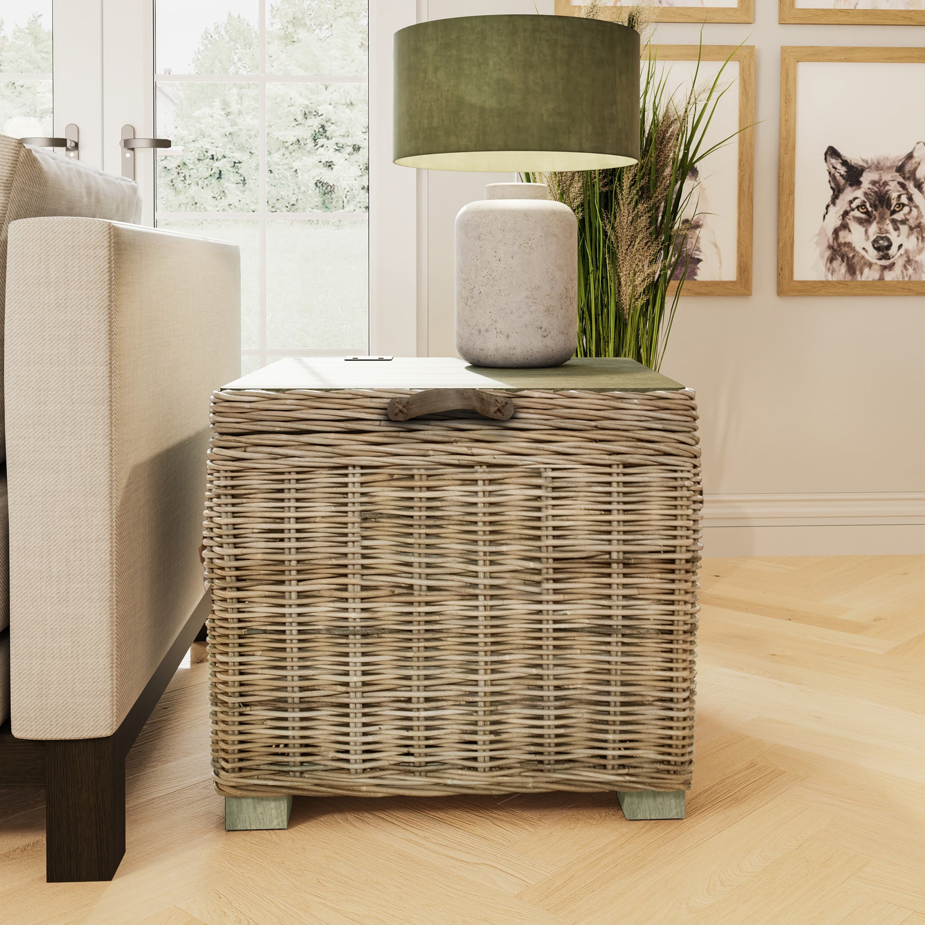 Maya Handmade Kubu Rattan Storage Side Table Limewash