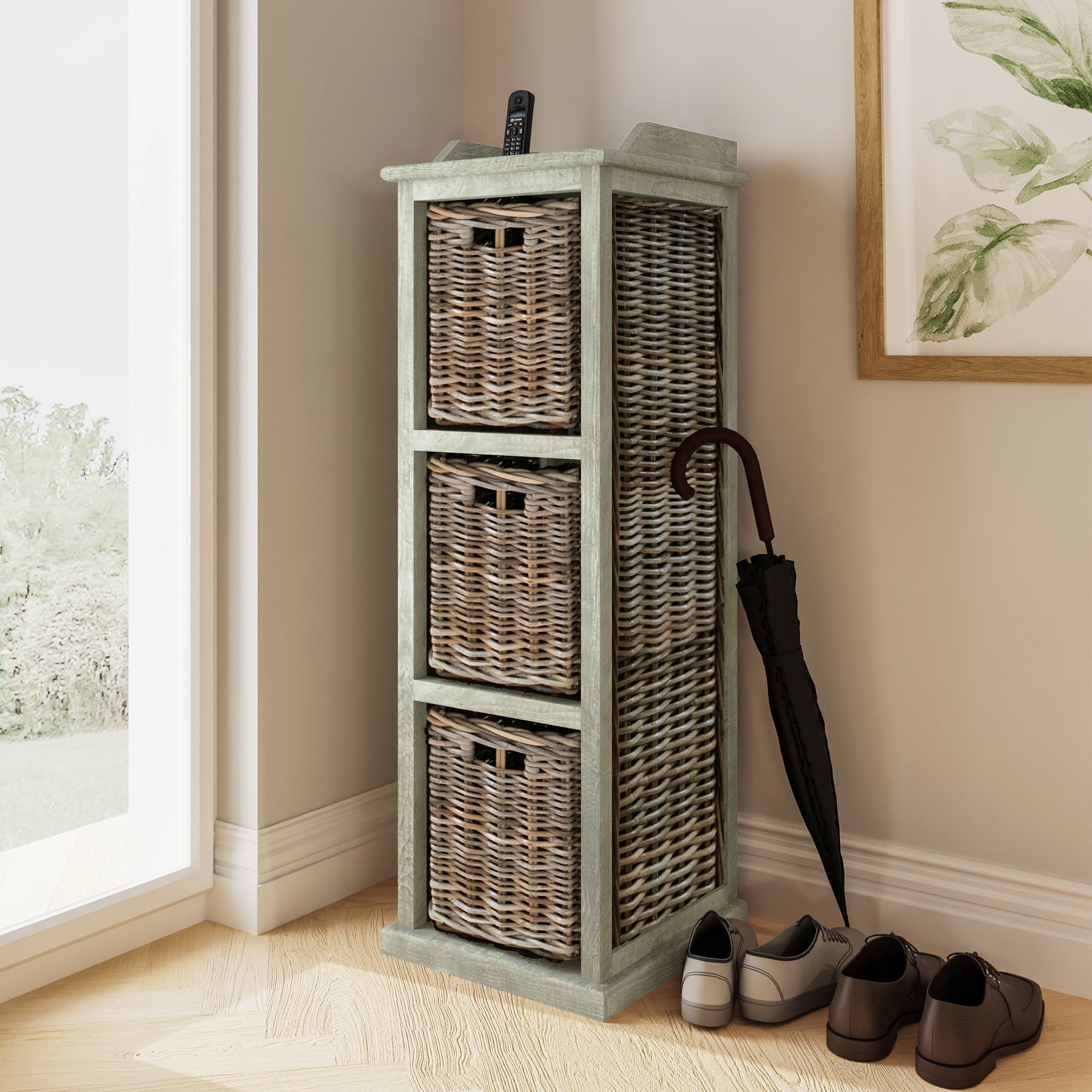Maya Handmade Kubu Rattan 3 Basket Storage Unit Limewash